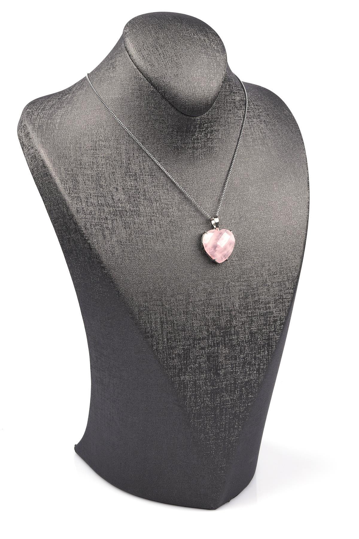 Pembe Kuvars Doğal Taş Gümüş Renkli Kolye