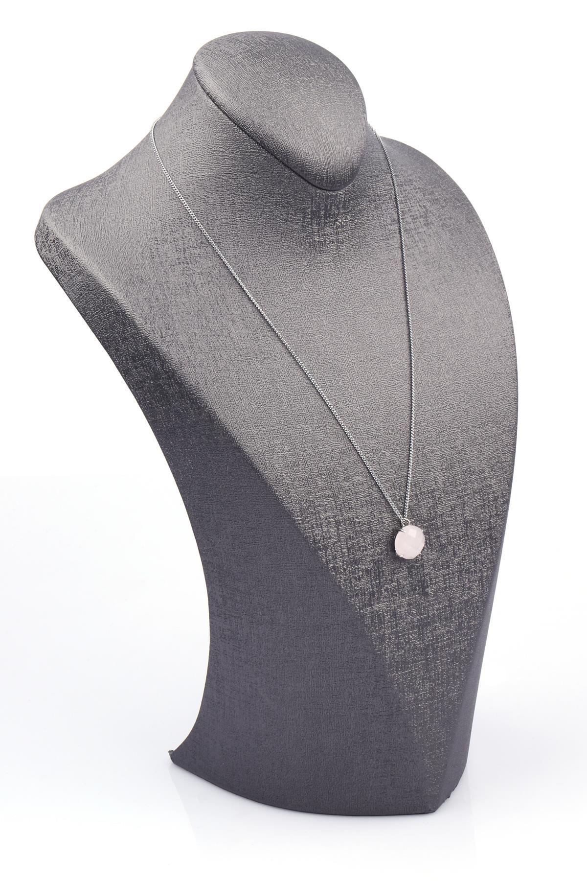 Pembe Kuvars Doğal Taş Gümüş Renkli Kolye