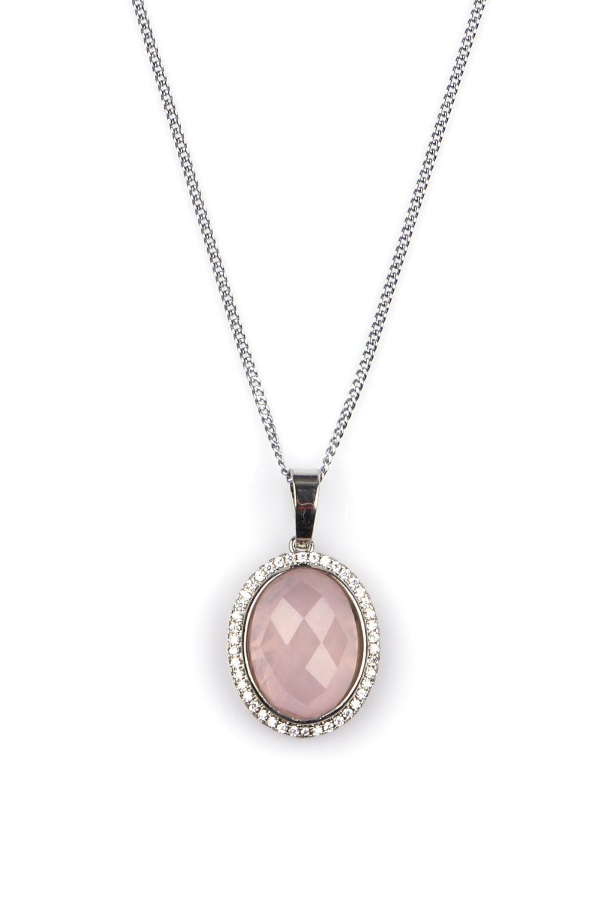 Pembe Kuvars Doğal Taş Gümüş Renkli Kolye