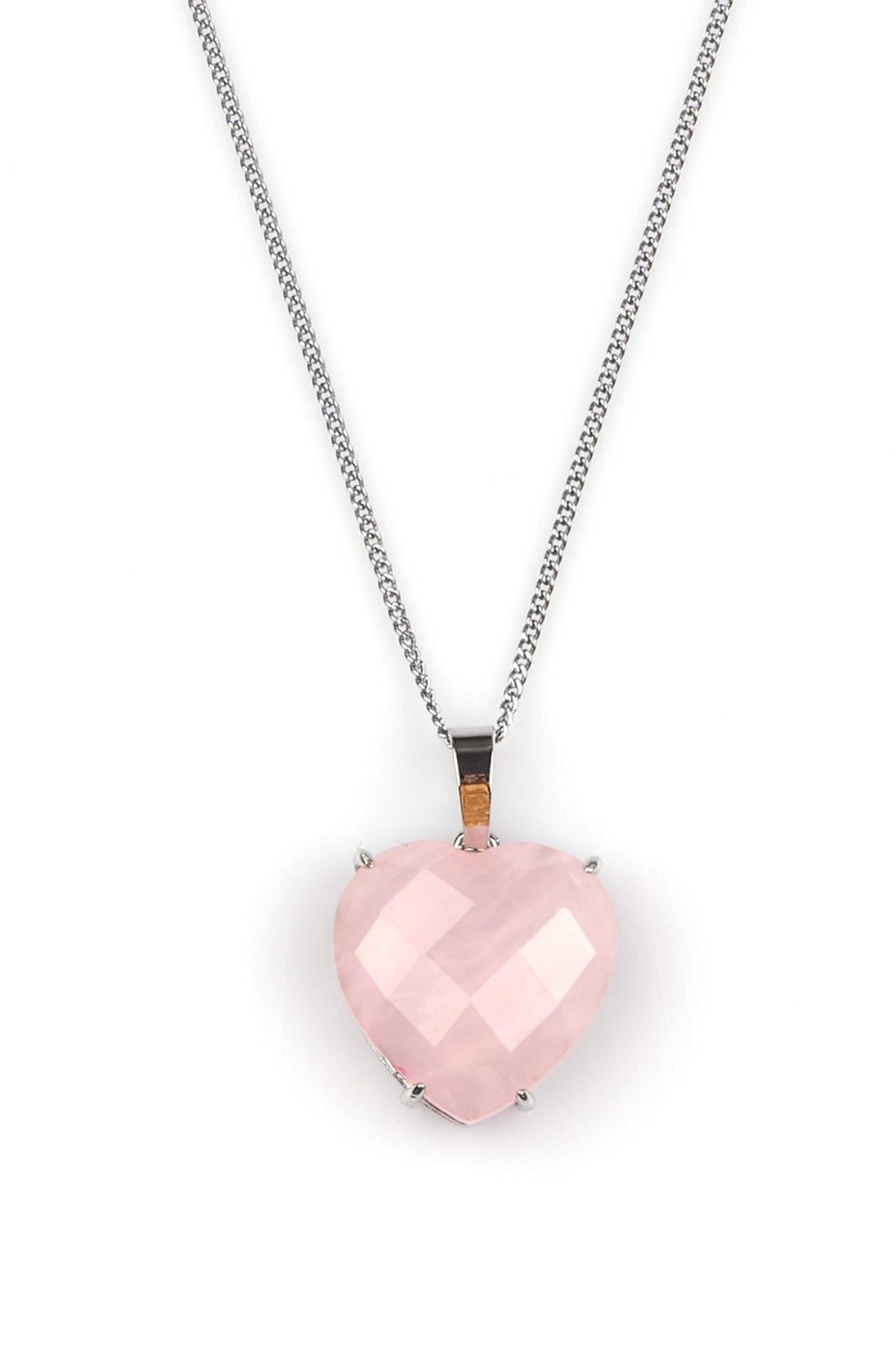 Pembe Kuvars Doğal Taş Gümüş Renkli Kolye