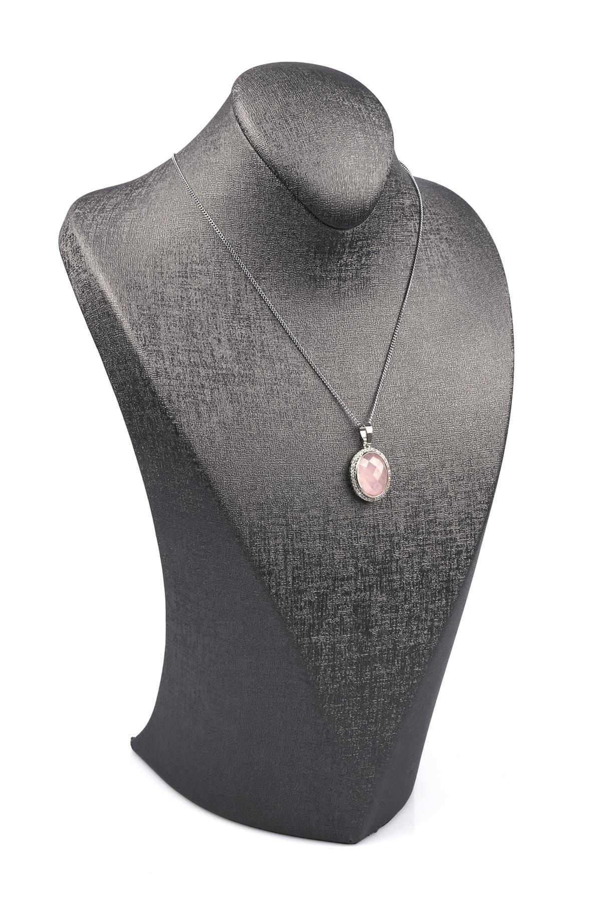 Pembe Kuvars Doğal Taş Gümüş Renkli Kolye