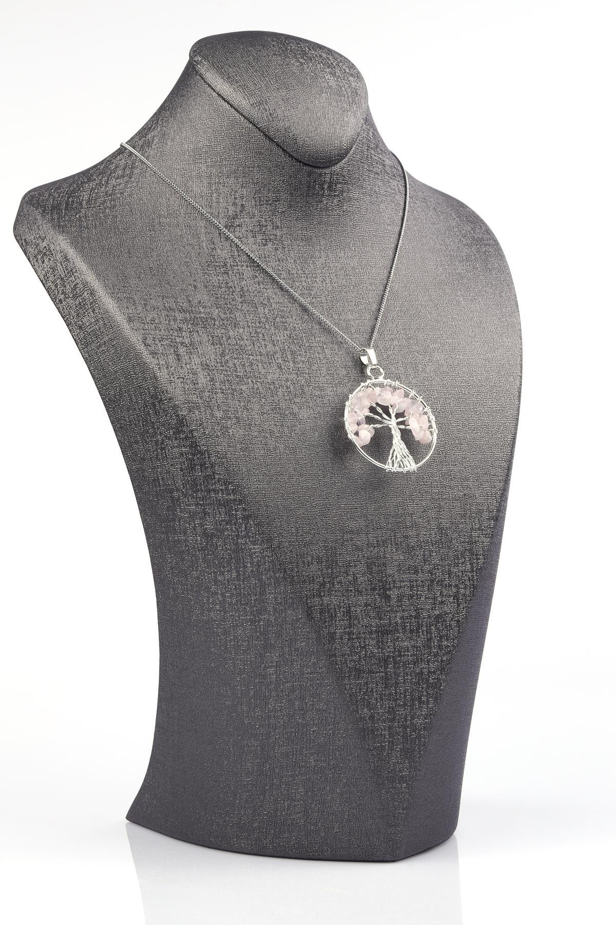 Pembe Kuvars Doğal Taş Hayat Ağacı Tel Sarmalı Kolye