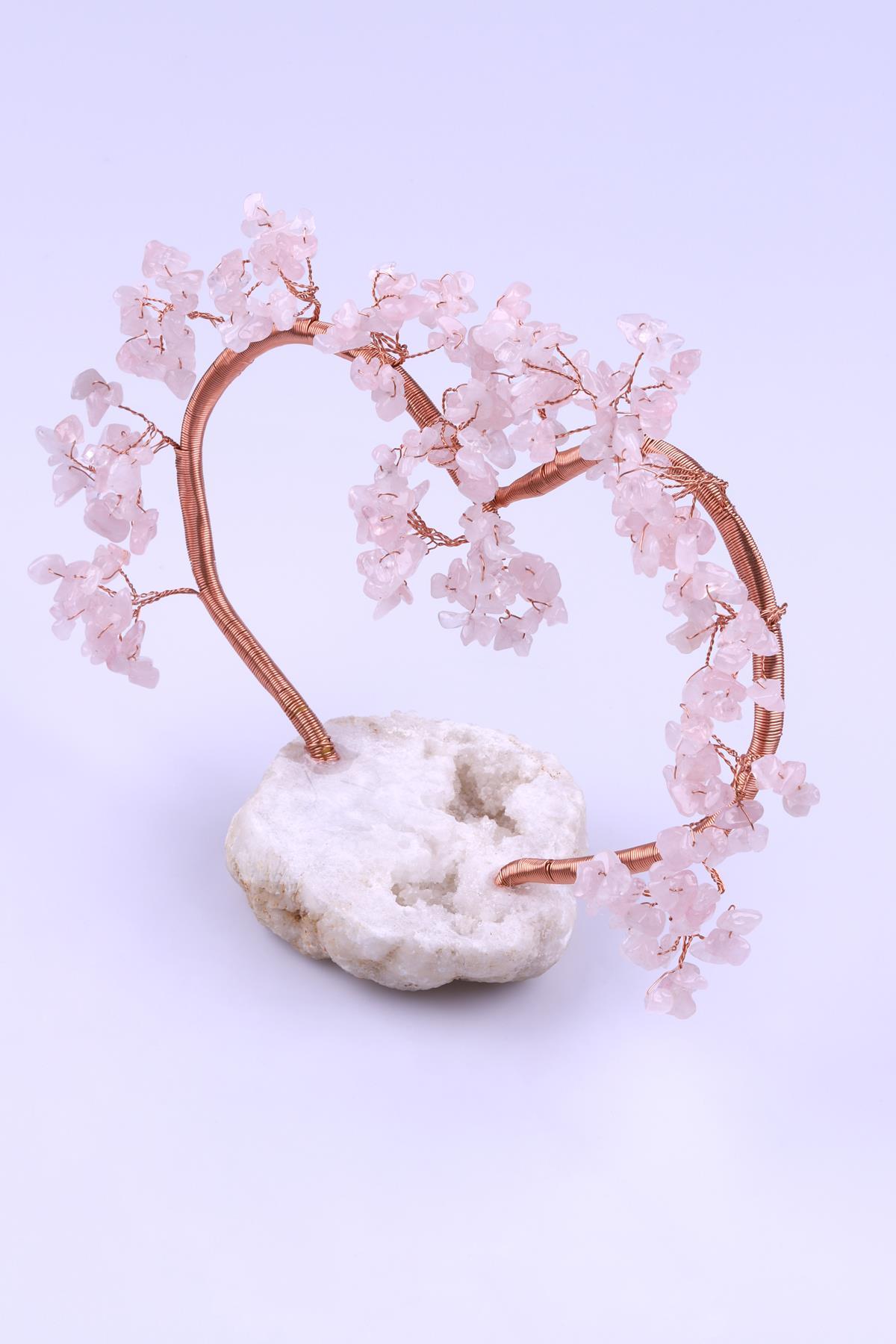 Pembe Kuvars Doğal Taş Kalp Model Ağaç