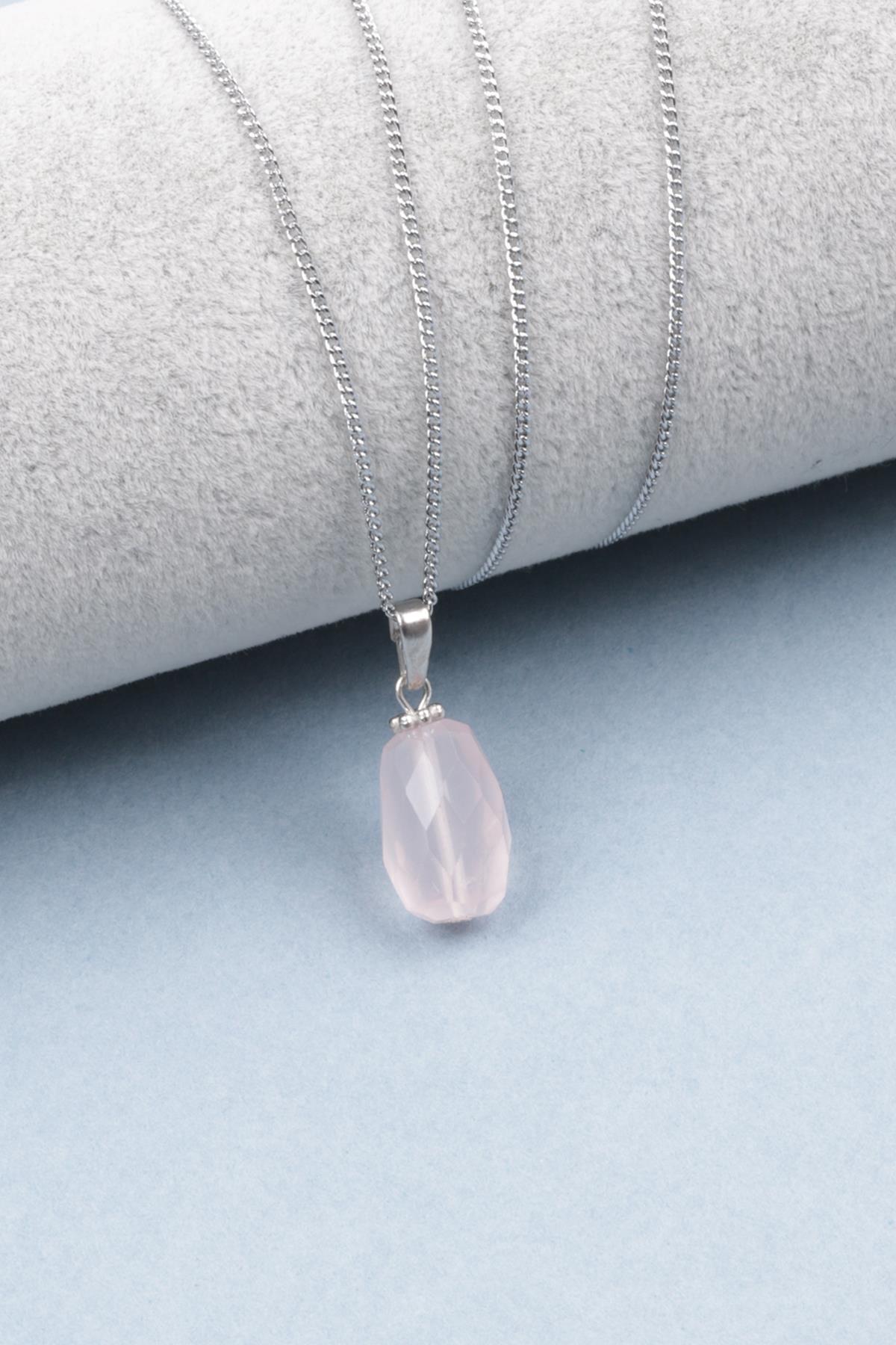 Pembe Kuvars Doğal Taş Kolye