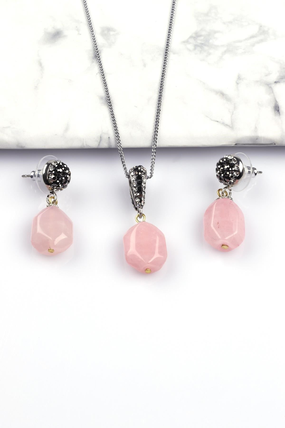 Pembe Kuvars Doğal Taş Kolye - Küpe 2'li Set