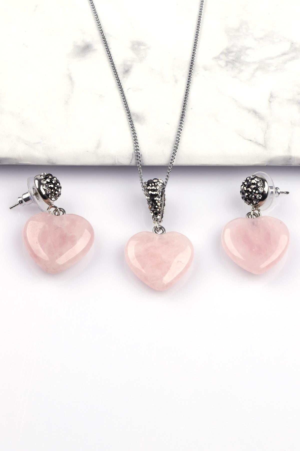 Pembe Kuvars Doğal Taş Kolye - Küpe 2'li Set