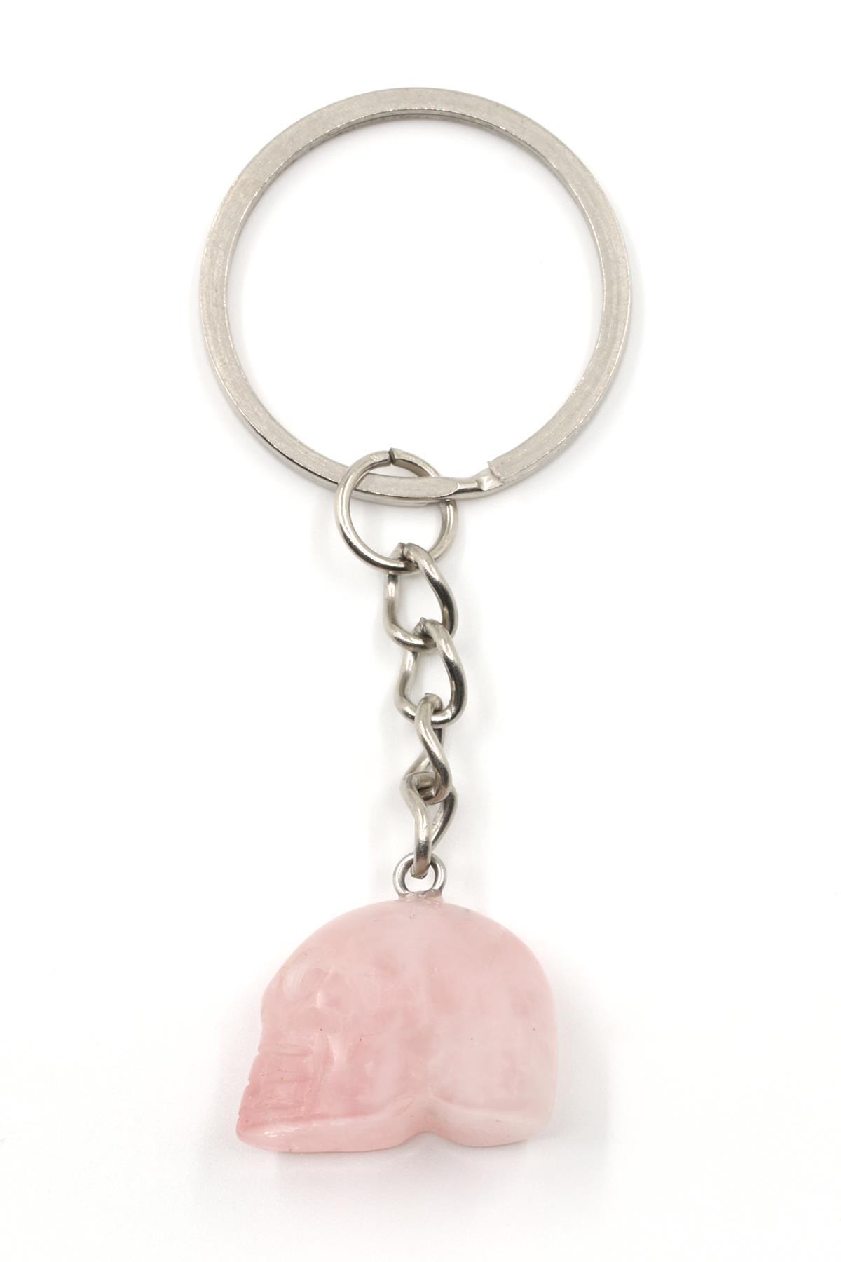 Pembe Kuvars Doğal Taş Kuru Kafa Model Anahtarlık