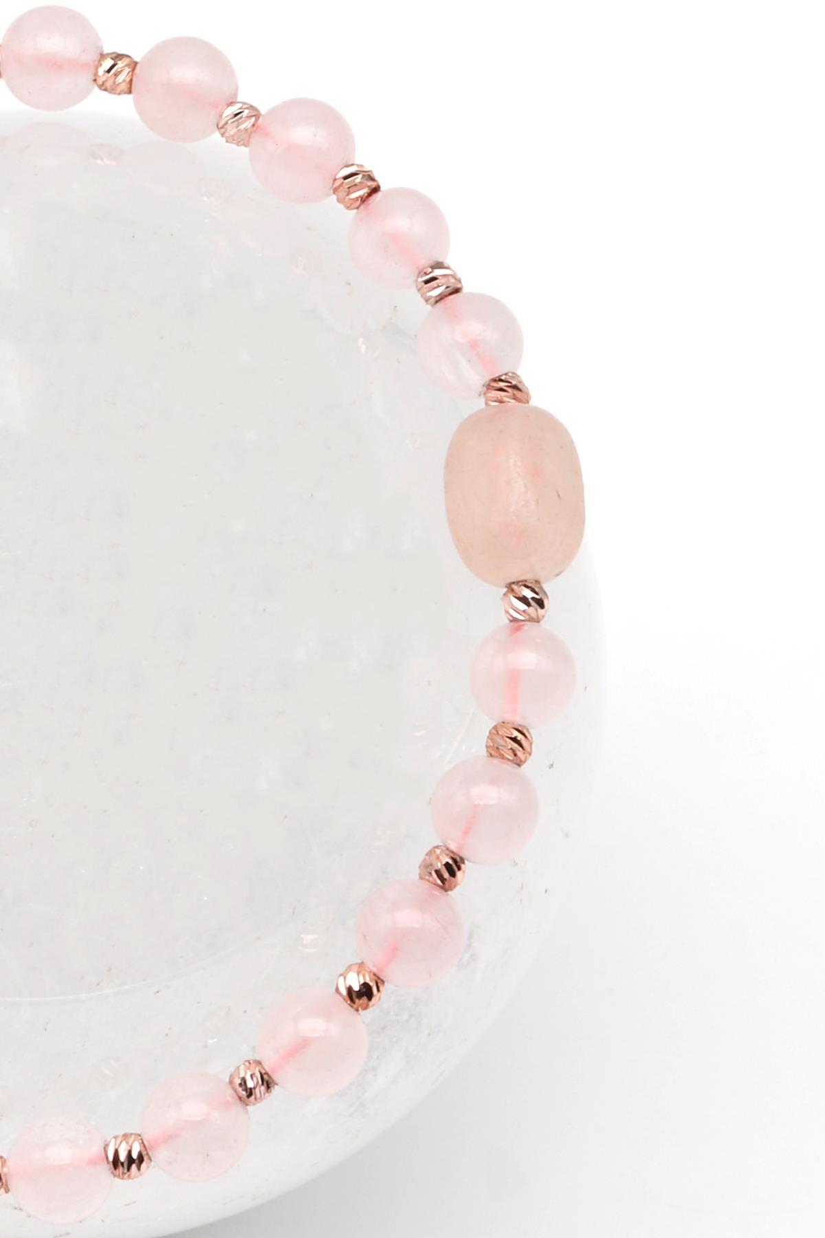 Pembe Kuvars Doğal Taş Makrome Örme Bileklik Küre Kesim