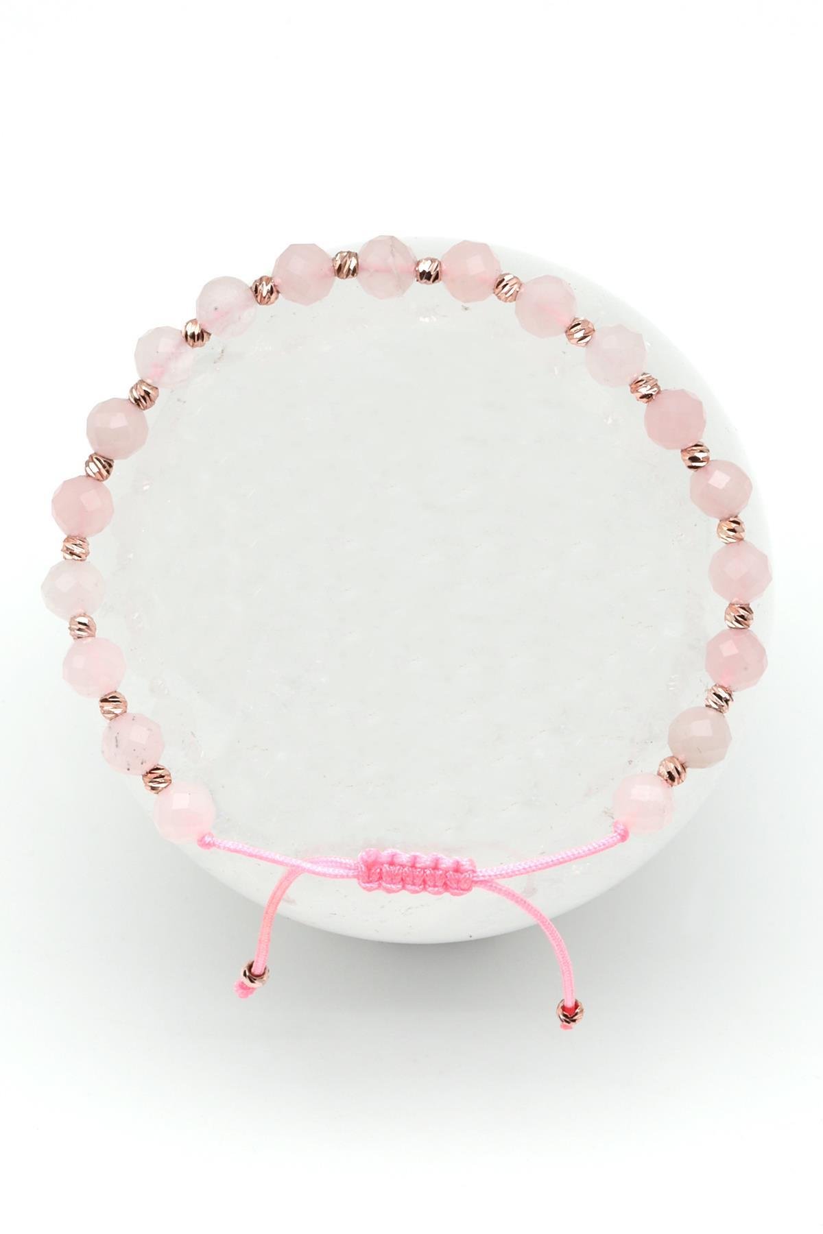 Pembe Kuvars Doğal Taş Makrome Örme Bileklik Fasetli Küre Kesim