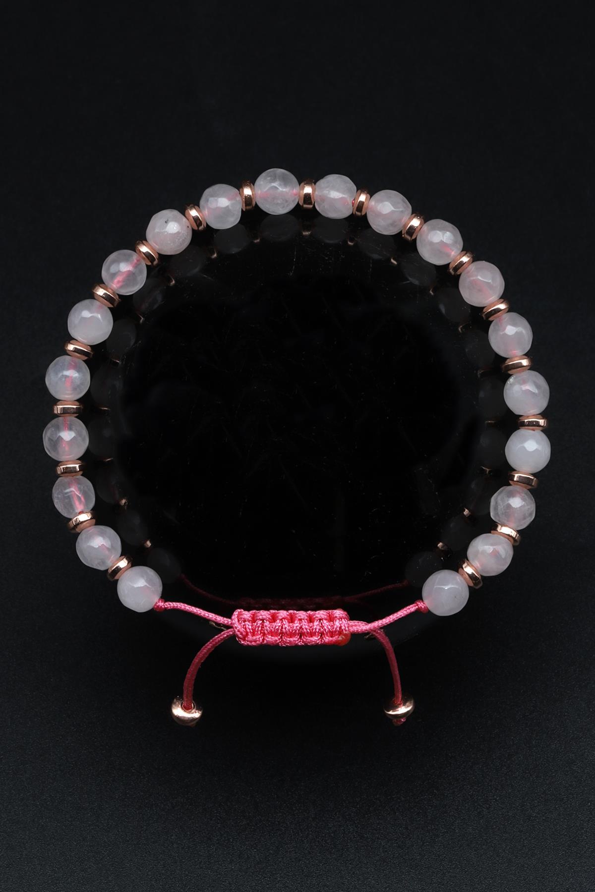 Pembe Kuvars Doğal Taş Makrome Örme Bileklik Fasetli Küre Kesim