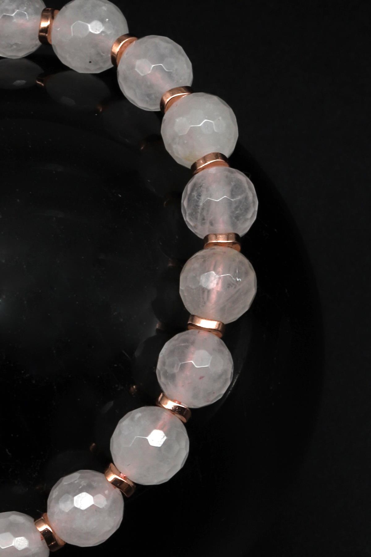 Pembe Kuvars Doğal Taş Makrome Örme Bileklik Fasetli Kesim