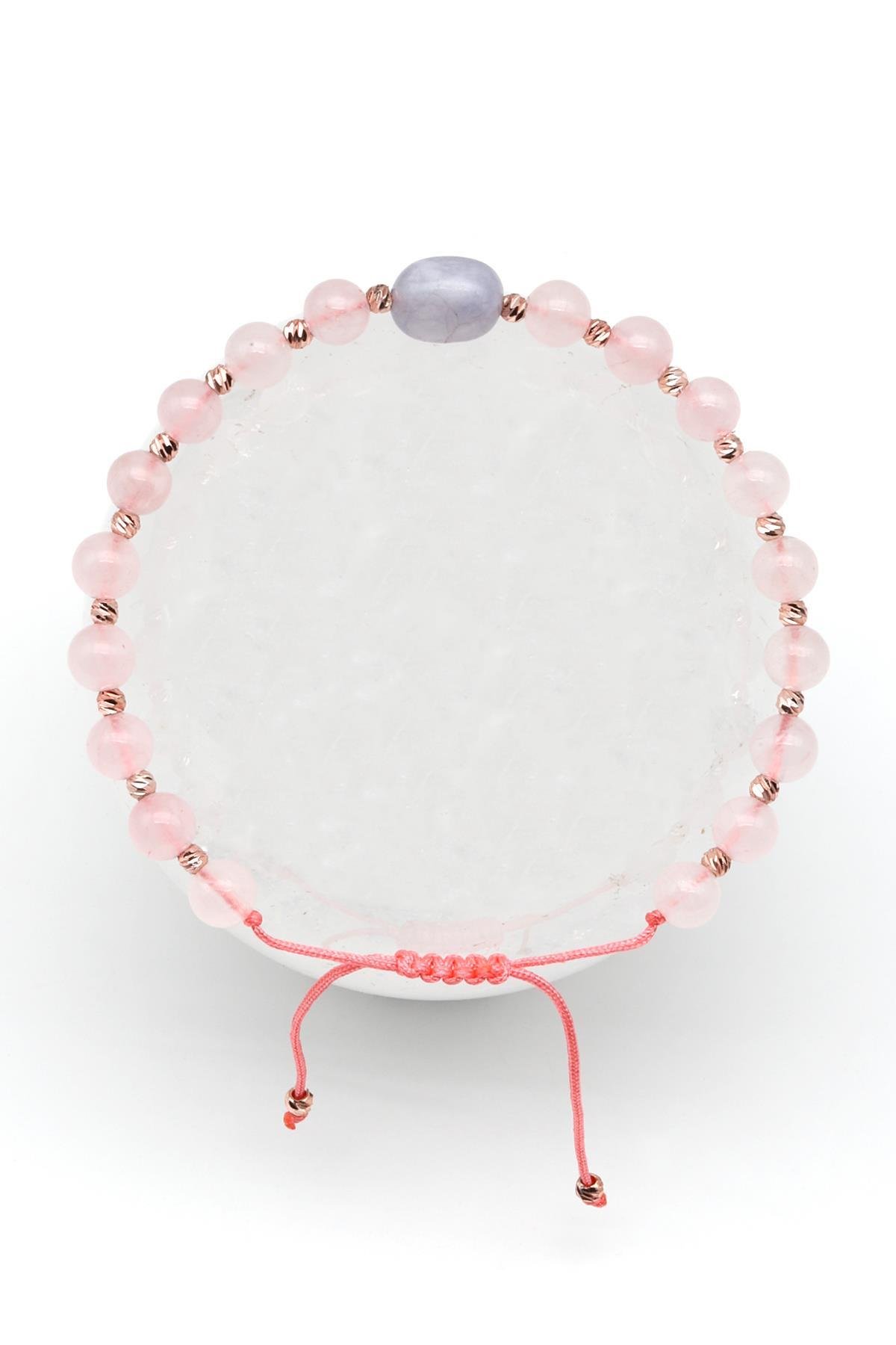 Pembe Kuvars Doğal Taş Makrome Örme Bileklik Küre Kesim