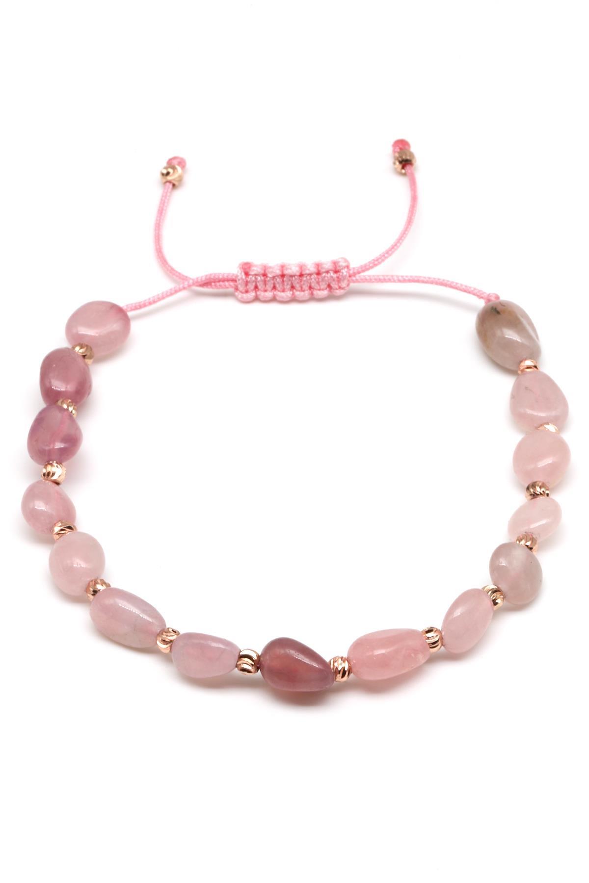 Pembe Kuvars Doğal Taş Makrome Örme Bileklik Mercimek Kesim