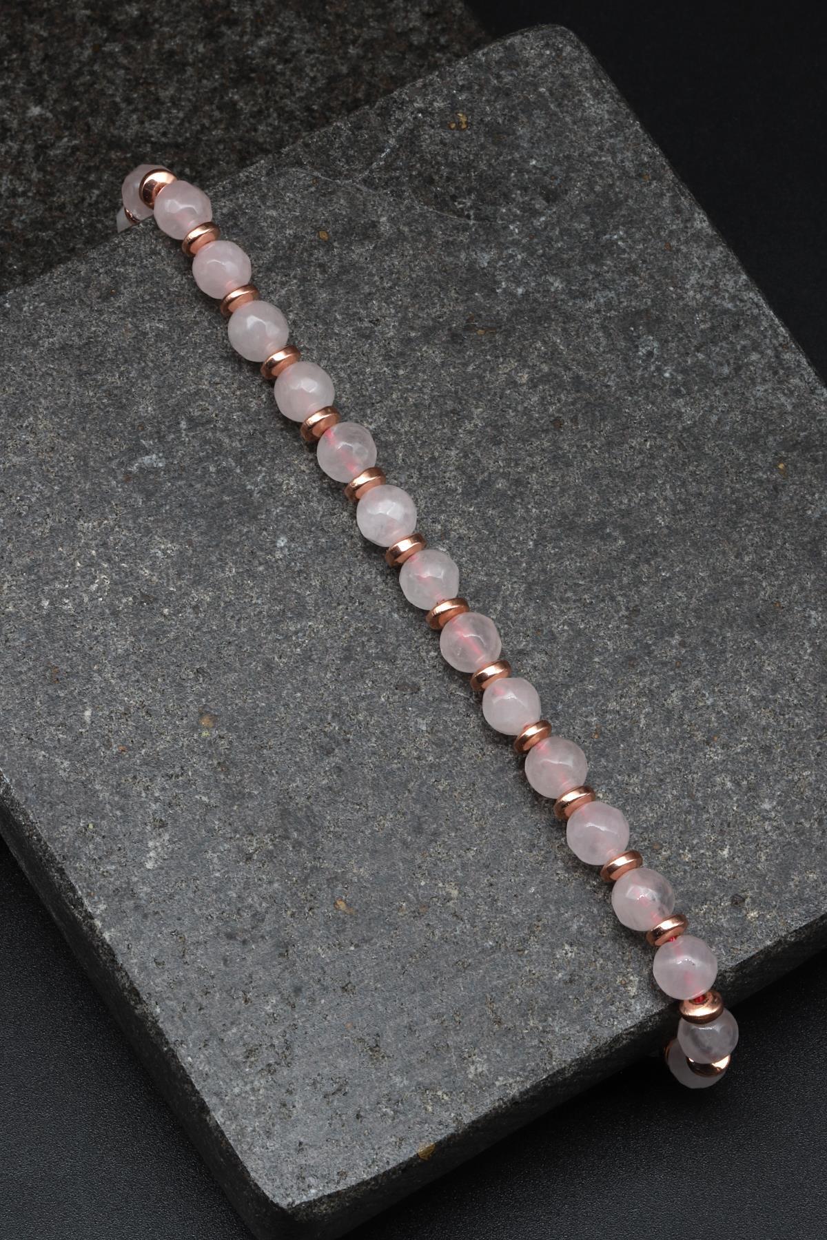 Pembe Kuvars Doğal Taş Makrome Örme Bileklik Fasetli Küre Kesim