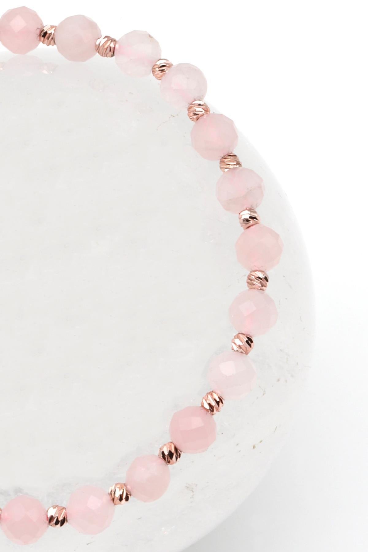 Pembe Kuvars Doğal Taş Makrome Örme Bileklik Fasetli Küre Kesim