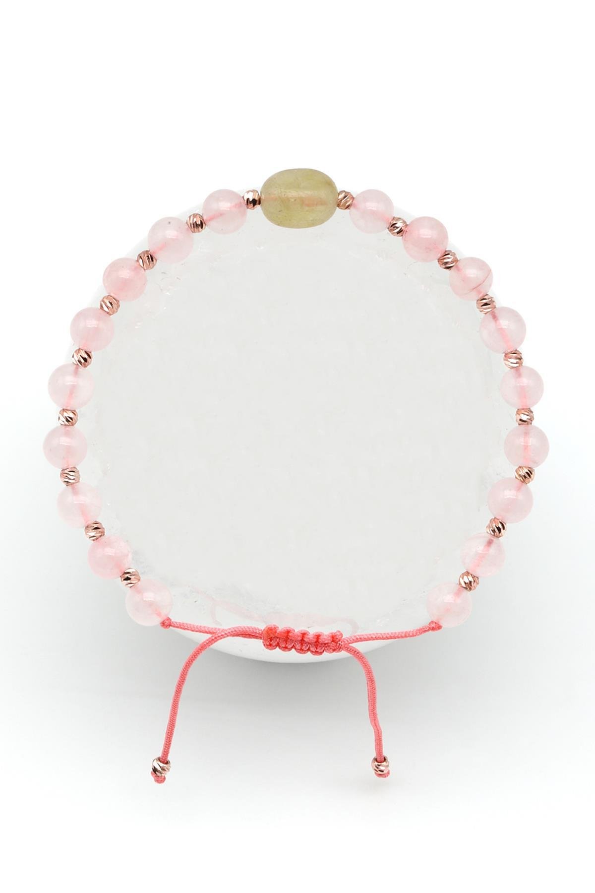 Pembe Kuvars Doğal Taş Makrome Örme Bileklik Küre Kesim