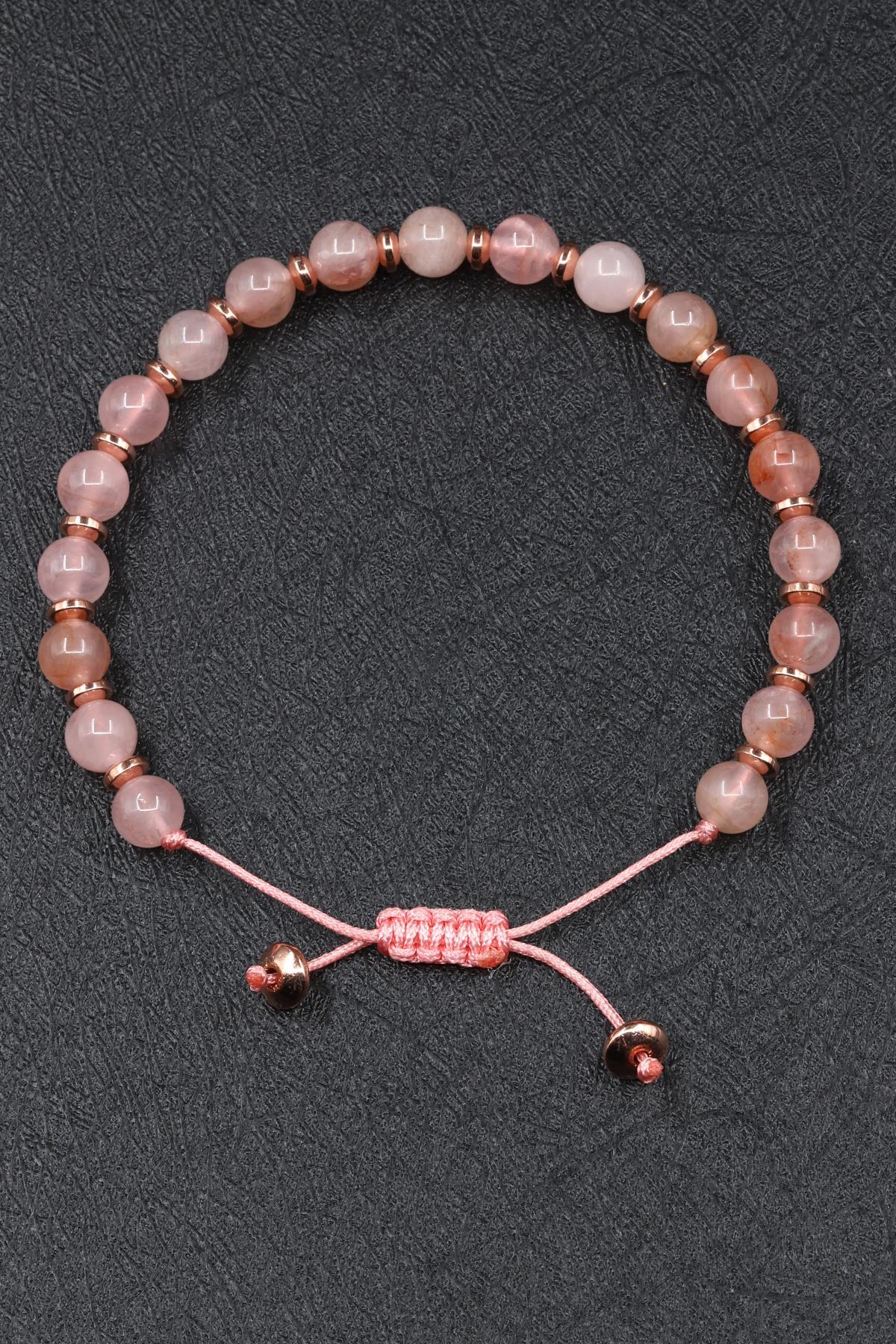 Pembe Kuvars Doğal Taş Makrome Örme Bileklik