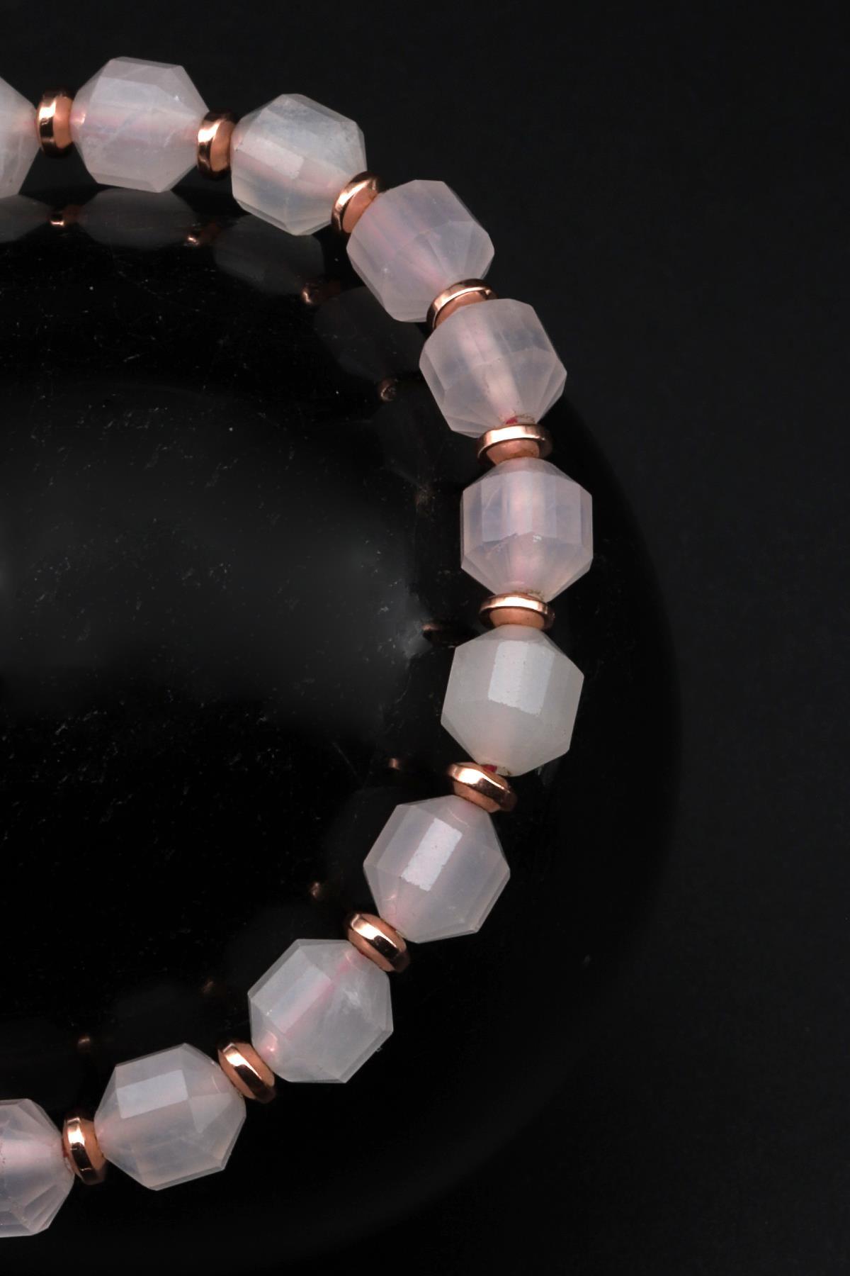 Pembe Kuvars Doğal Taş Makrome Örme Bileklik Hexagonal Kesim