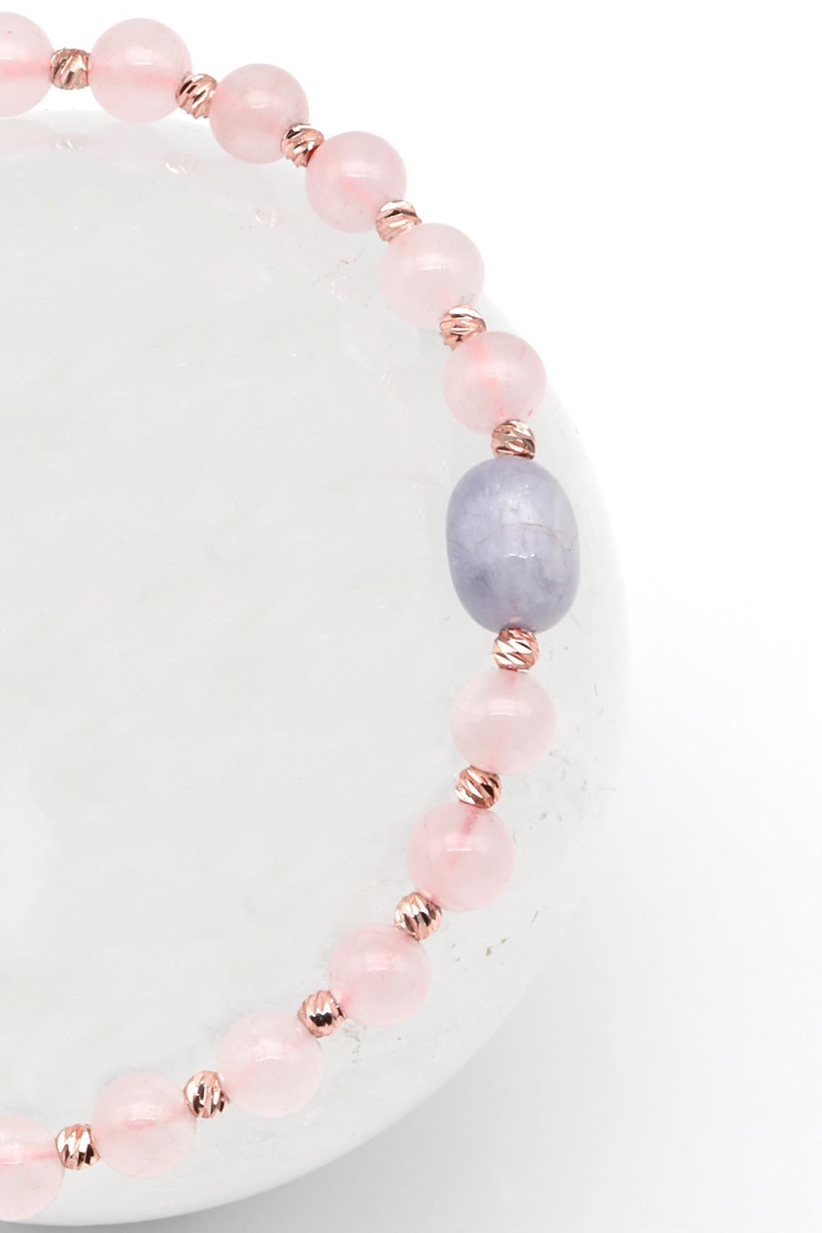 Pembe Kuvars Doğal Taş Makrome Örme Bileklik Küre Kesim