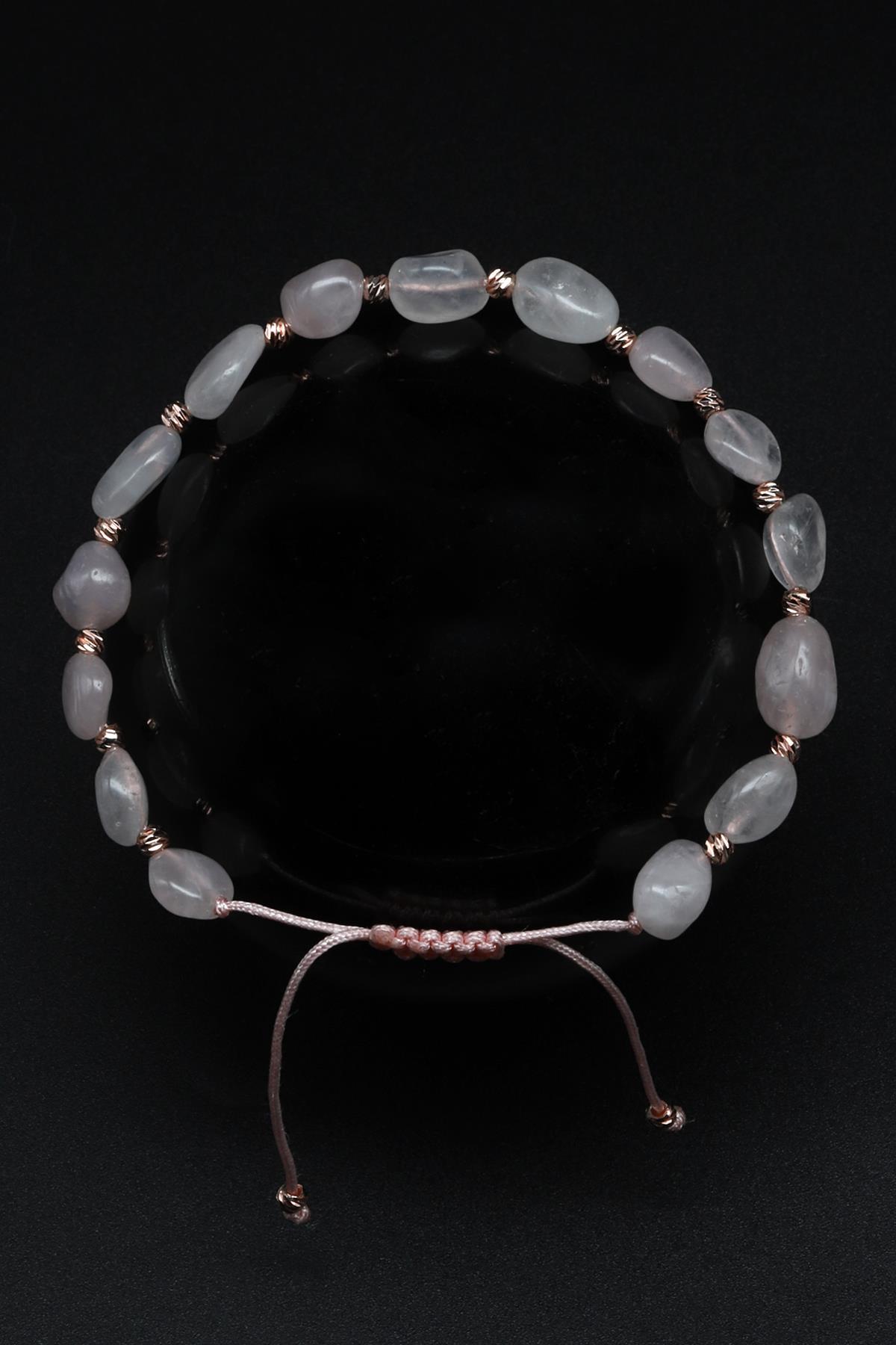 Pembe Kuvars Doğal Taş Makrome Örme Bileklik Şekilsiz Kesim