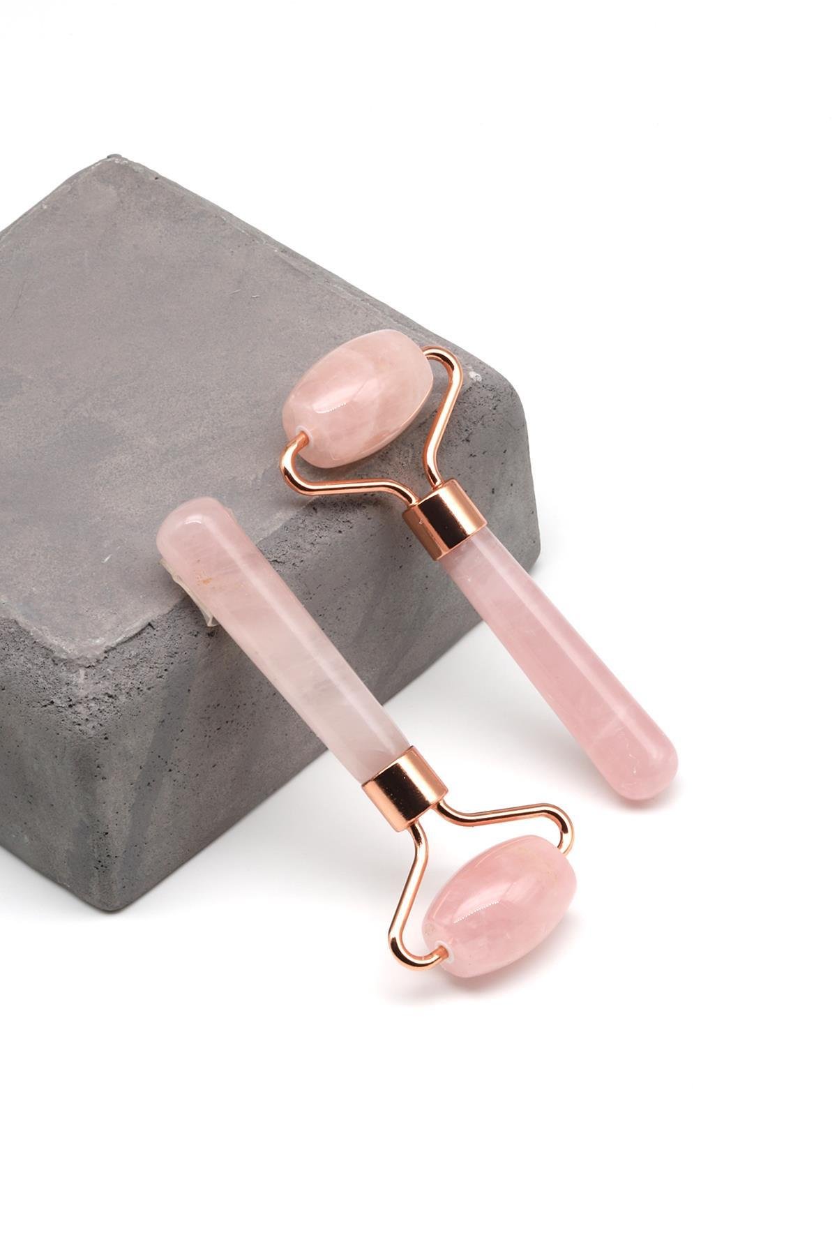Pembe Kuvars Doğal Taş Masaj Taşı Gold Renkli - Face Roller