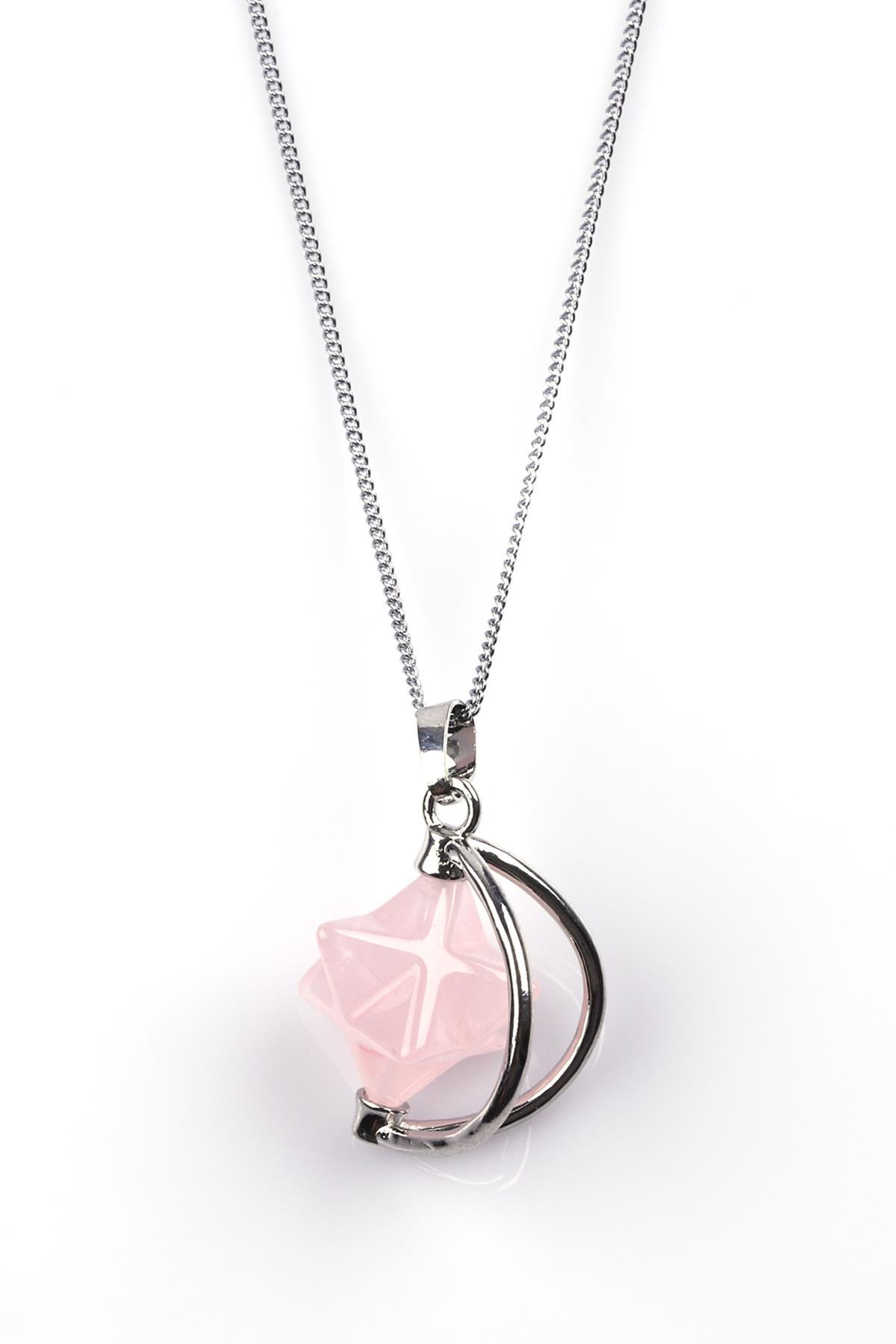 Pembe Kuvars Doğal Taş Merkaba Kolye 