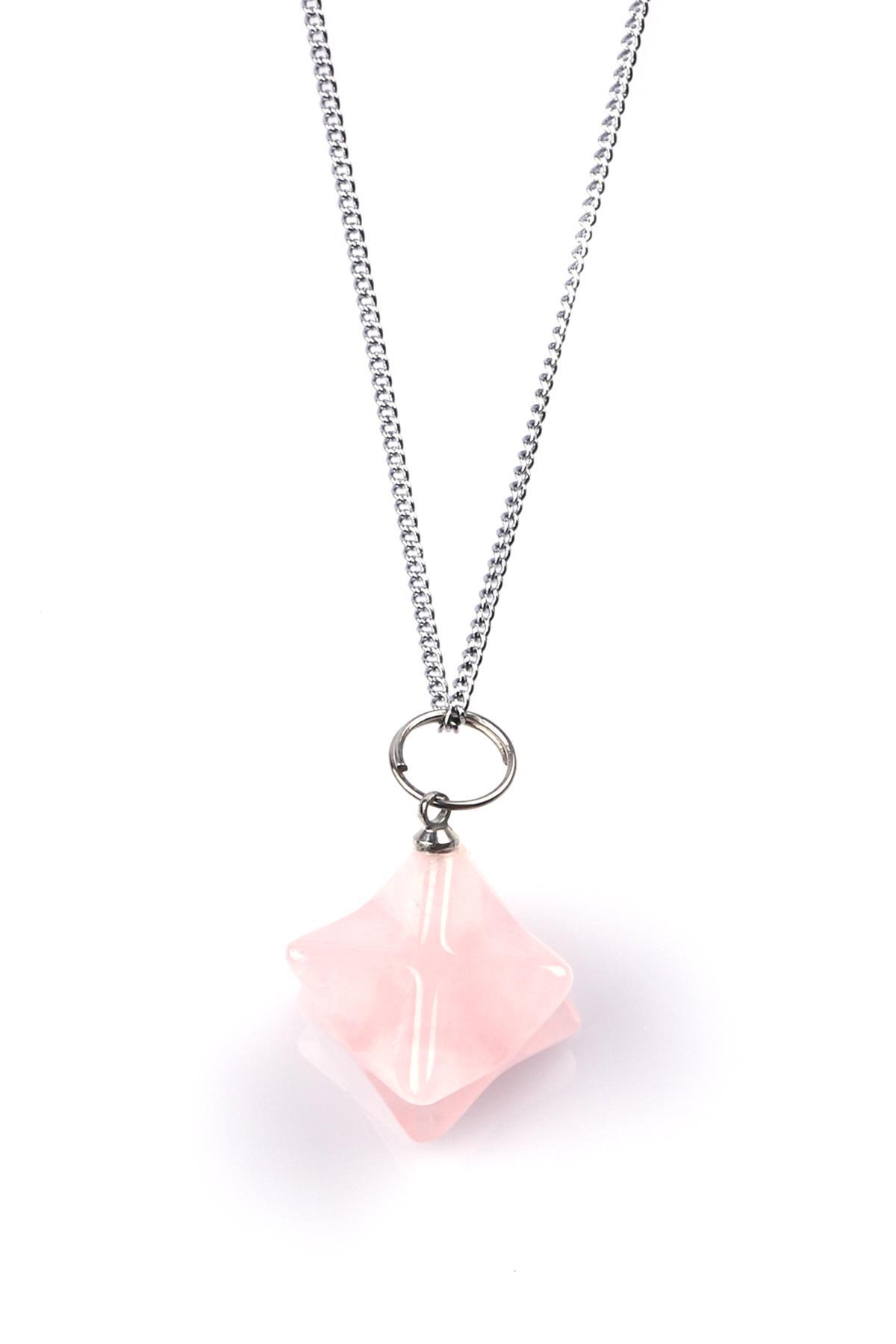 Pembe Kuvars Doğal Taş Merkaba Kolye 