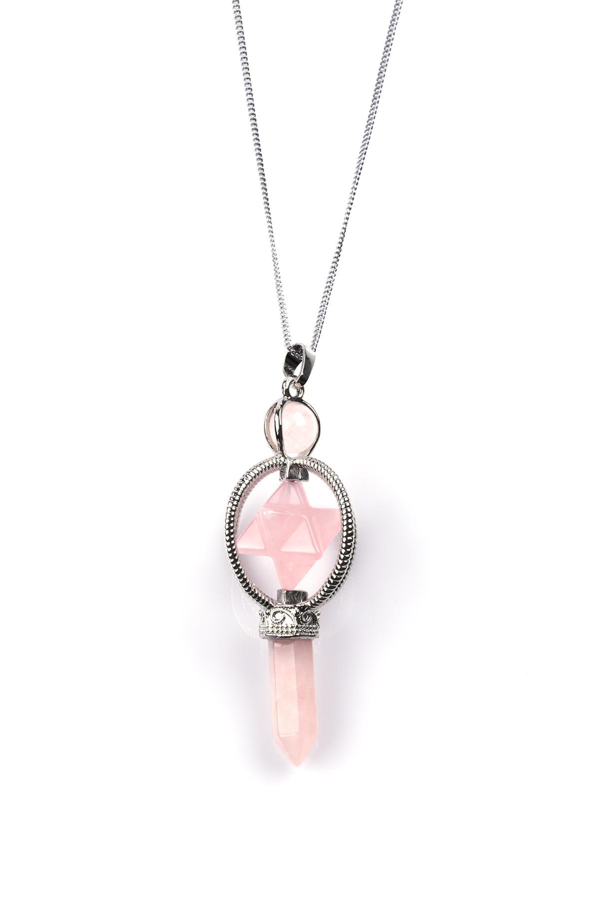 Pembe Kuvars Doğal Taş Merkaba Kolye