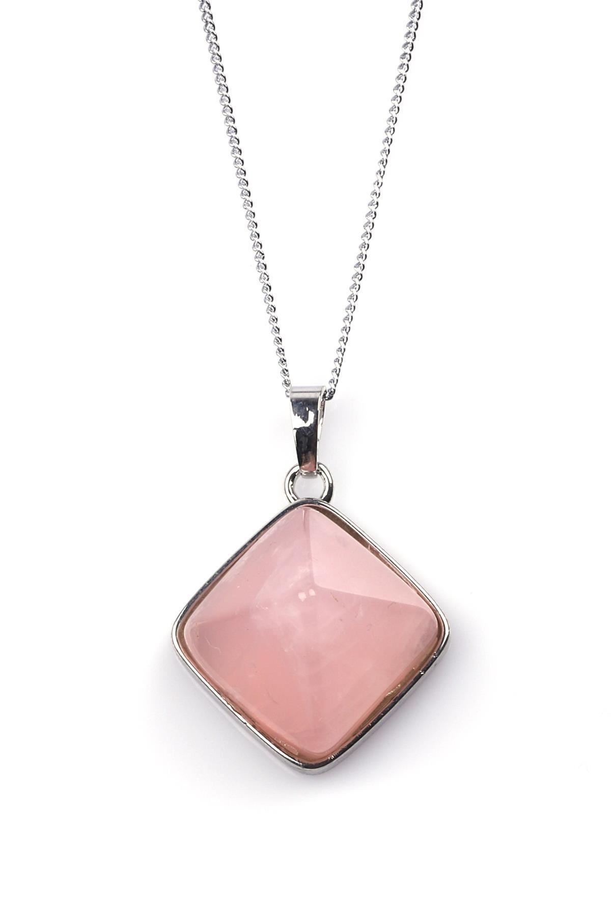Pembe Kuvars Doğal Taş Piramit Model Kolye