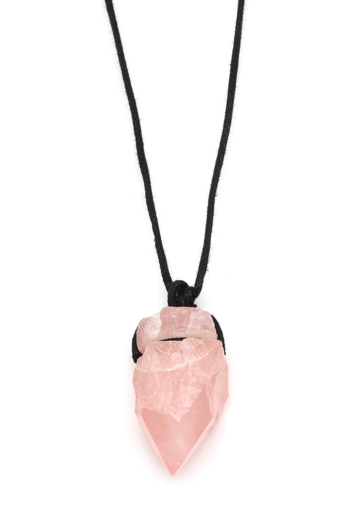 Pembe Kuvars Doğal Taş Siyah İpli Kolye