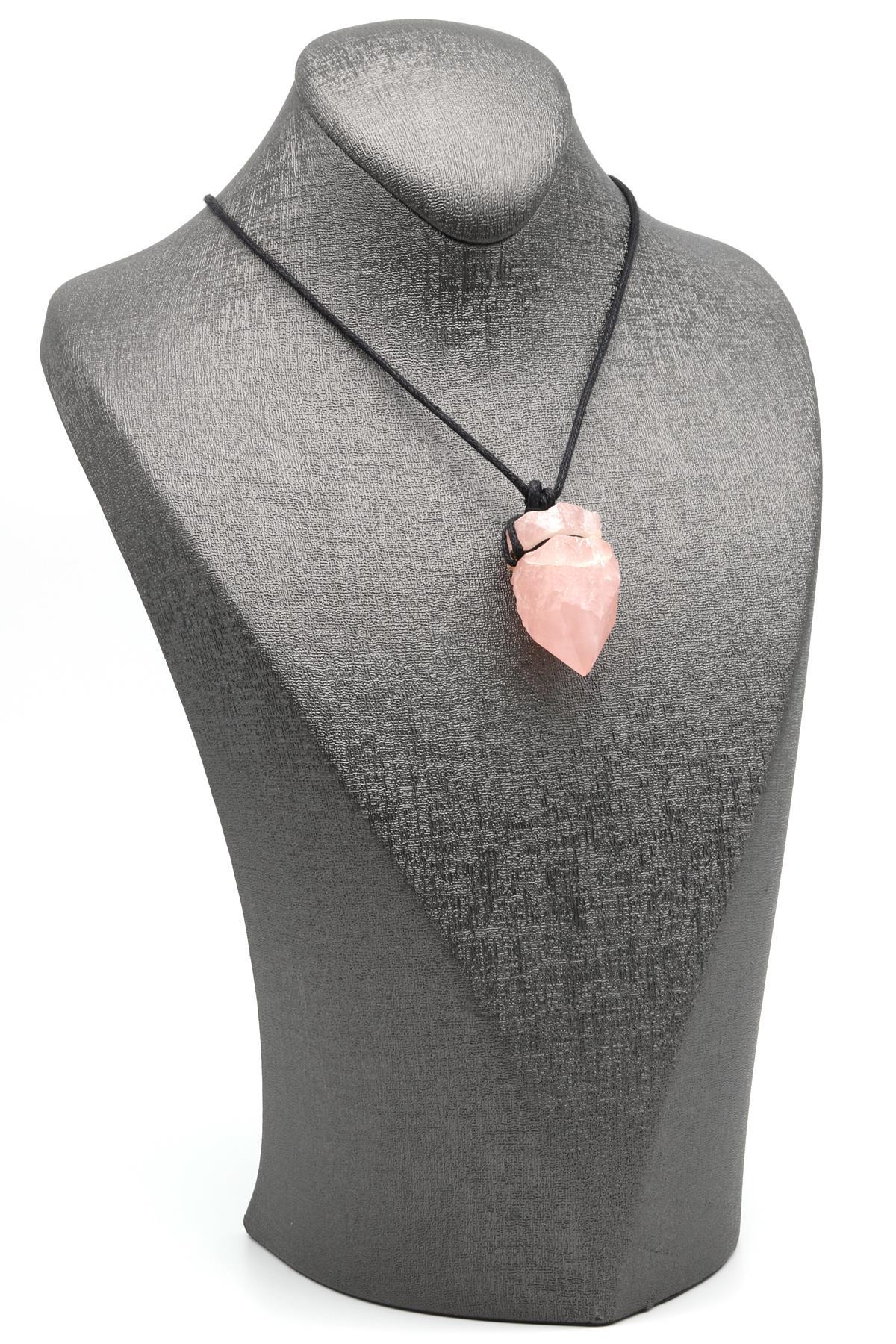 Pembe Kuvars Doğal Taş Siyah İpli Kolye