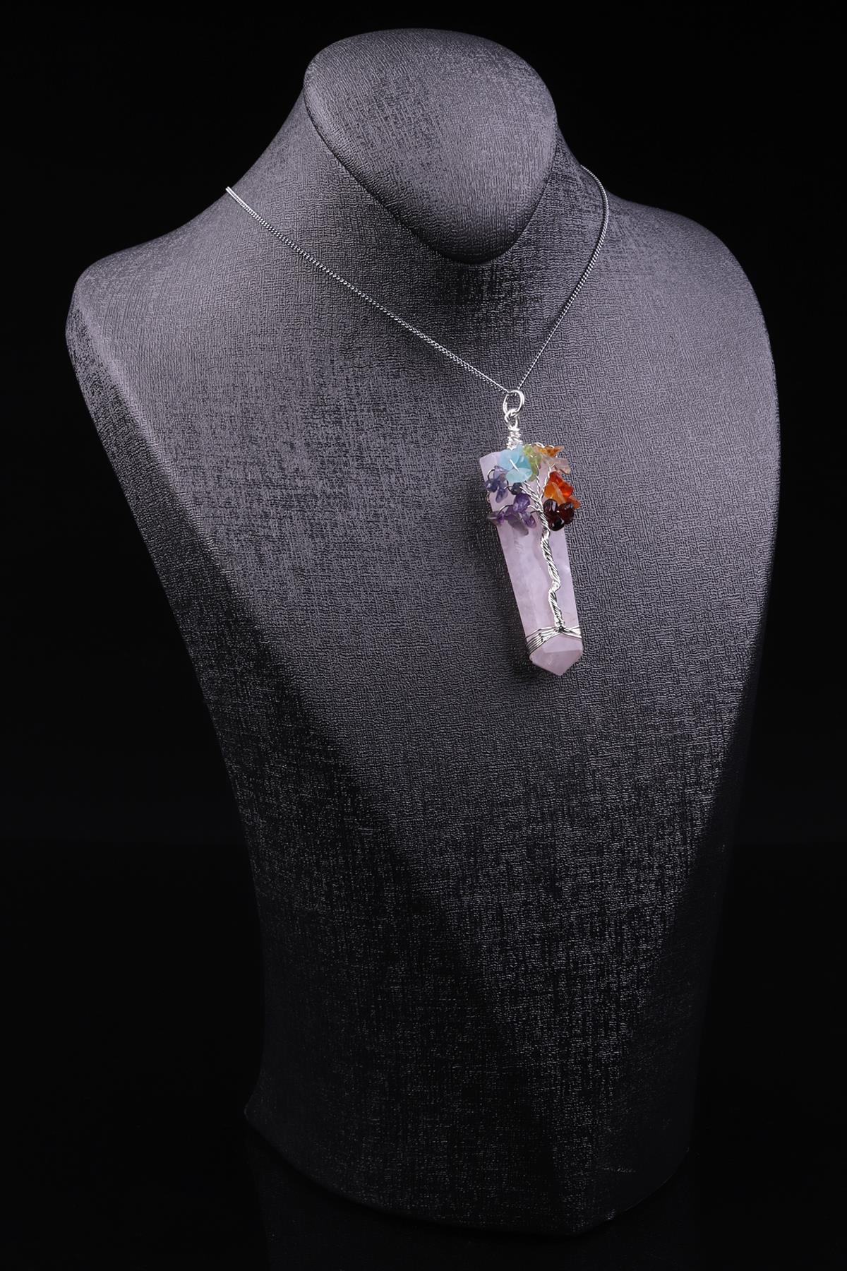 Pembe Kuvars Doğal Taş Tel Sarmalı Çakra Kolye