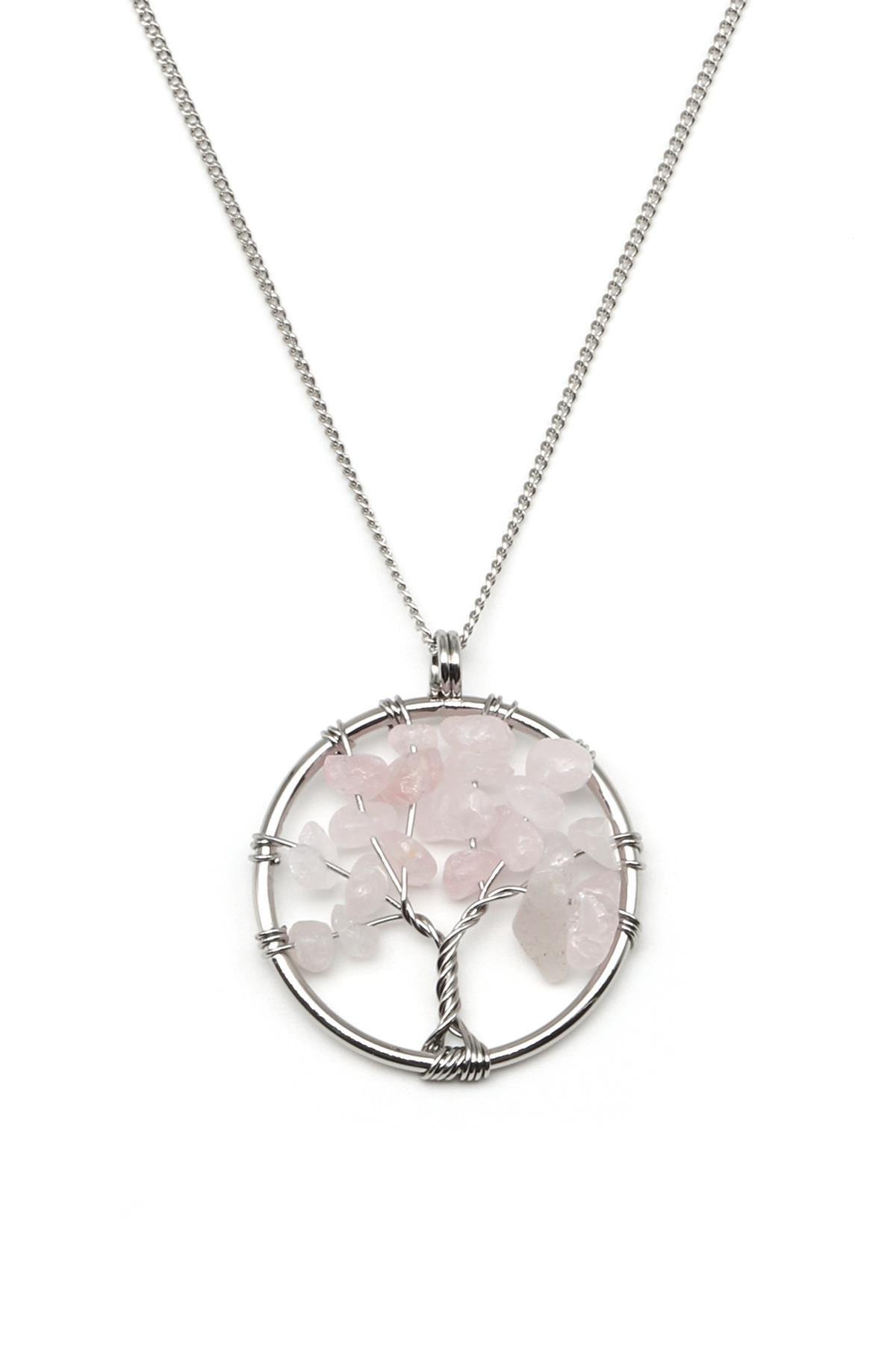 Pembe Kuvars Doğal Taş Tel Sarmalı Hayat Ağacı Kolye