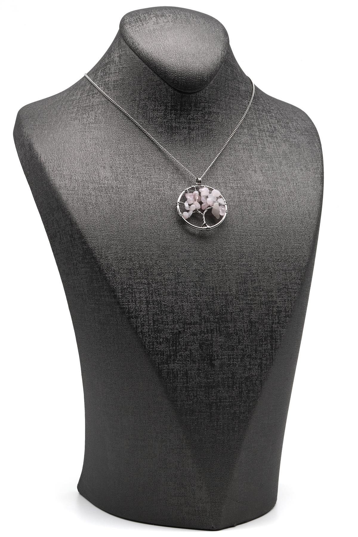 Pembe Kuvars Doğal Taş Tel Sarmalı Hayat Ağacı Kolye