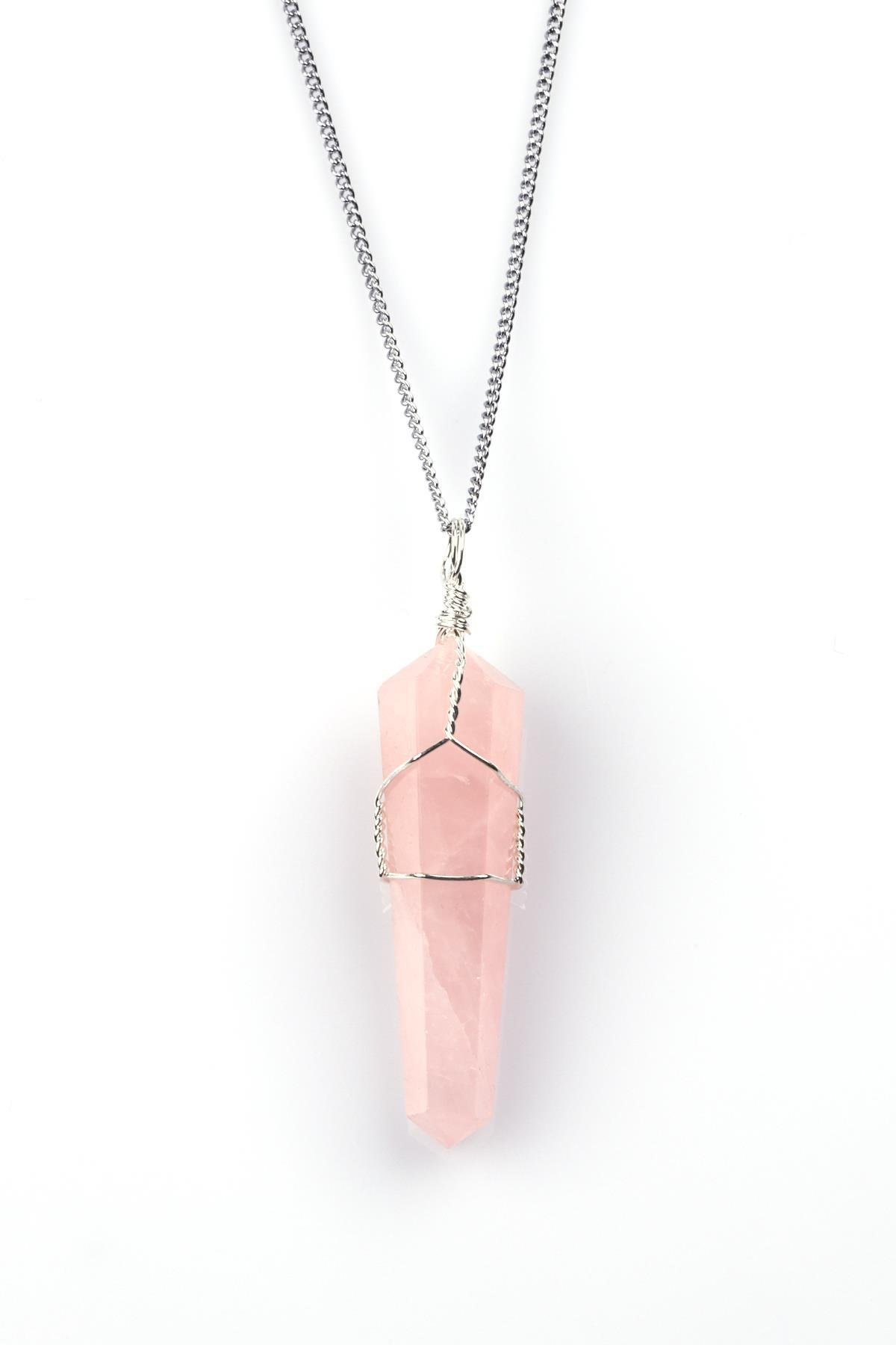 Pembe Kuvars Doğal Taş Tel Sarmalı Kolye