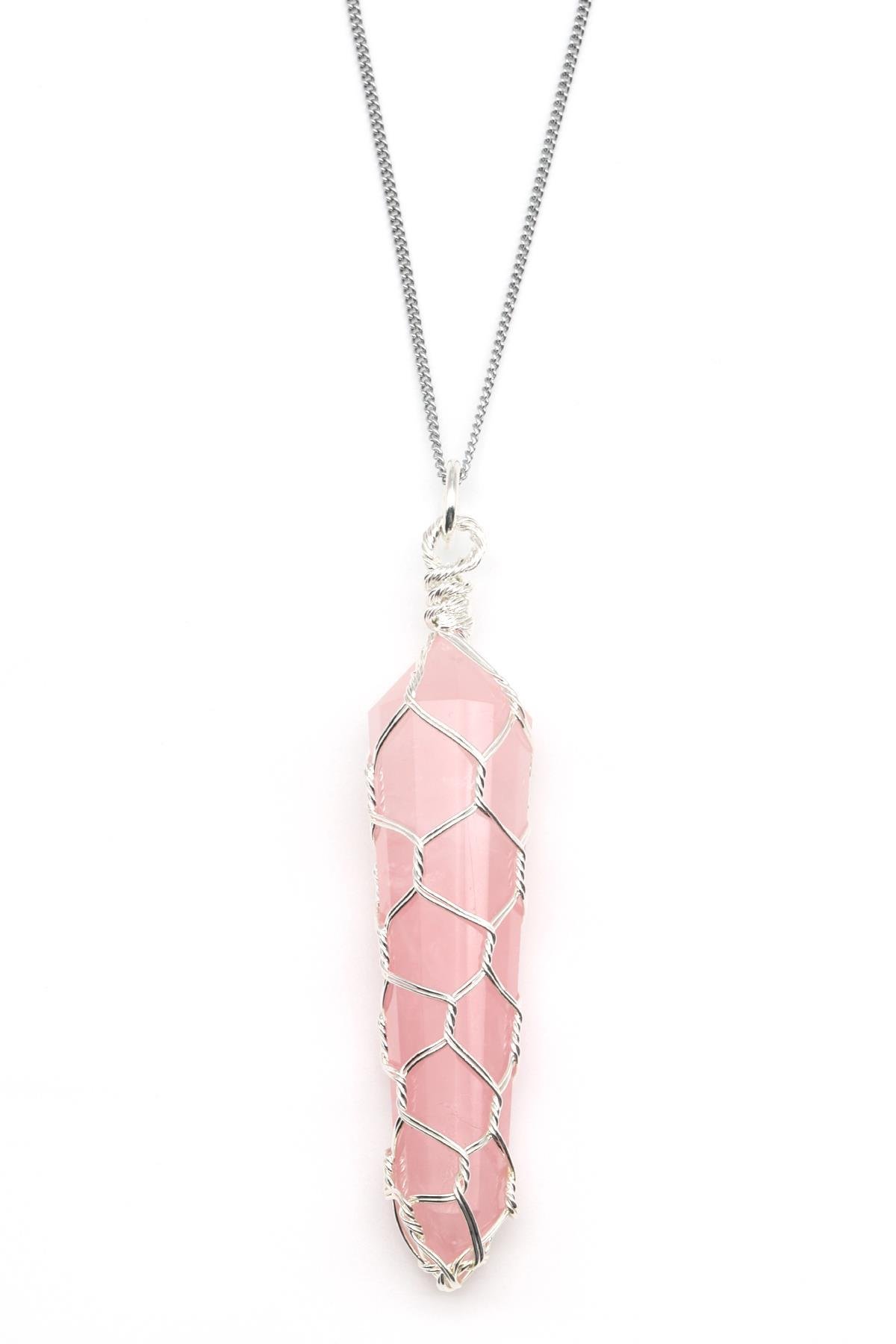 Pembe Kuvars Doğal Taş Tel Sarmalı Kolye