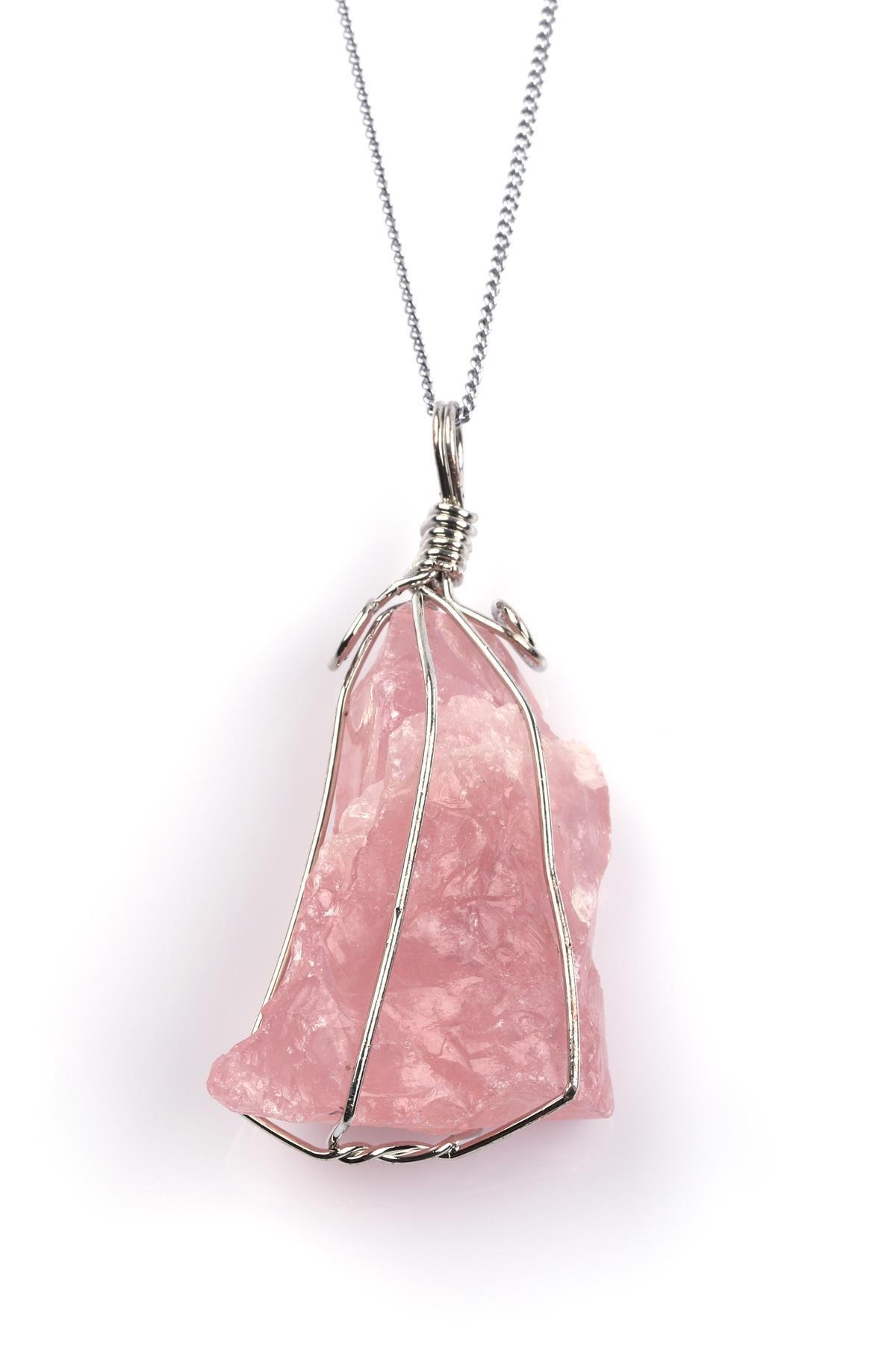 Pembe Kuvars Doğal Taş Tel Sarmalı Kolye