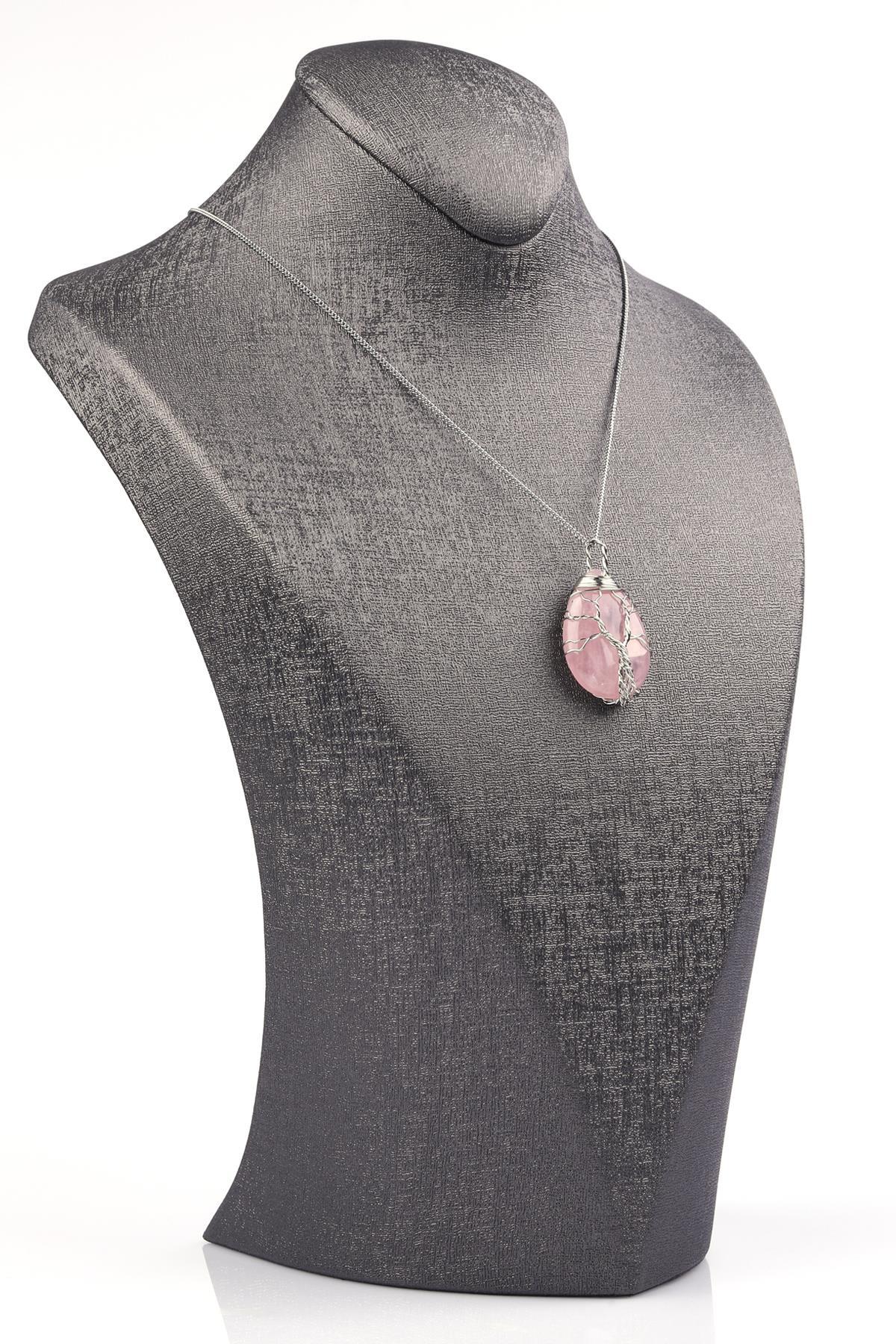 Pembe Kuvars Doğal Taş Tel Sarmalı Kolye