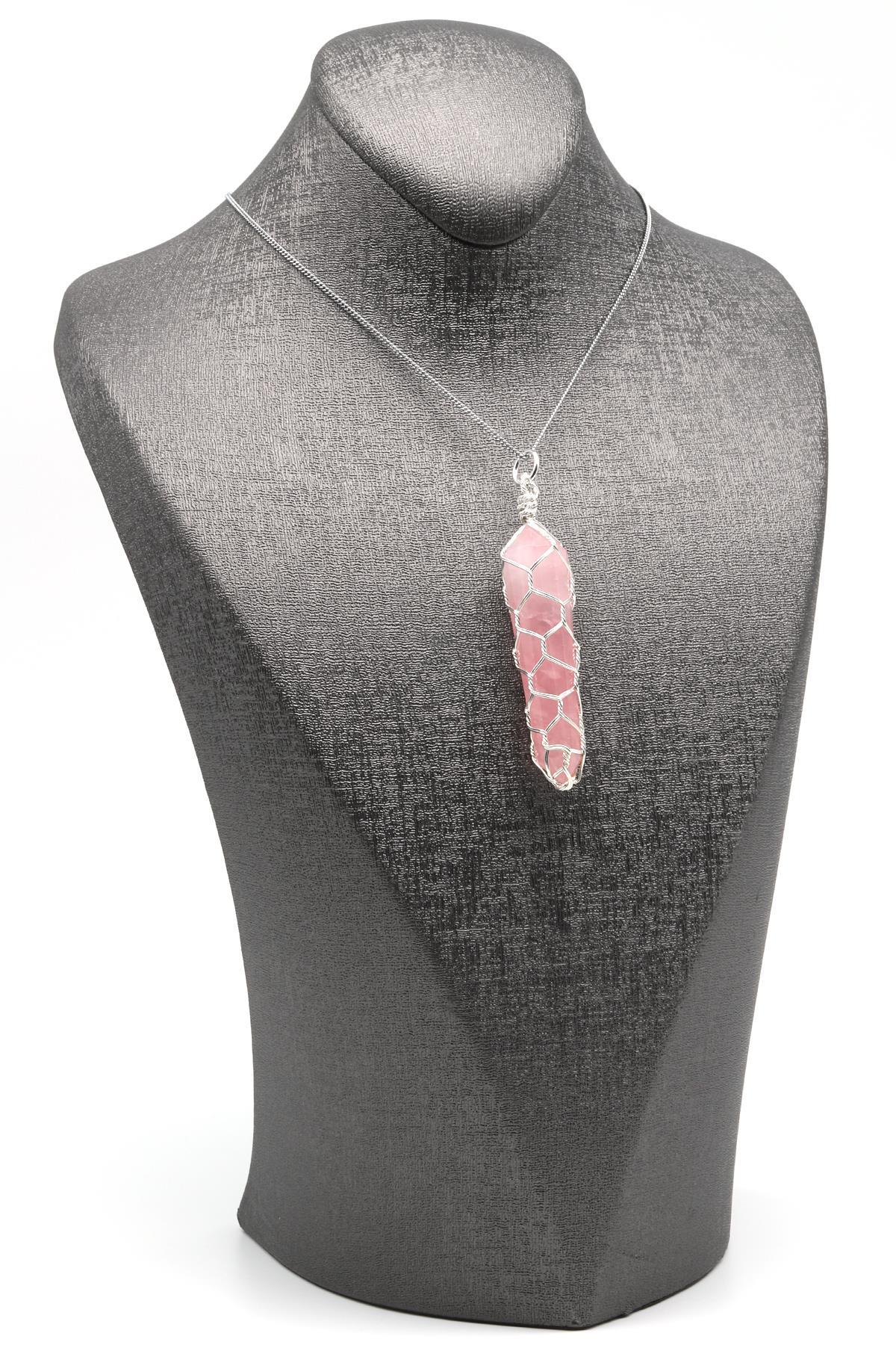 Pembe Kuvars Doğal Taş Tel Sarmalı Kolye