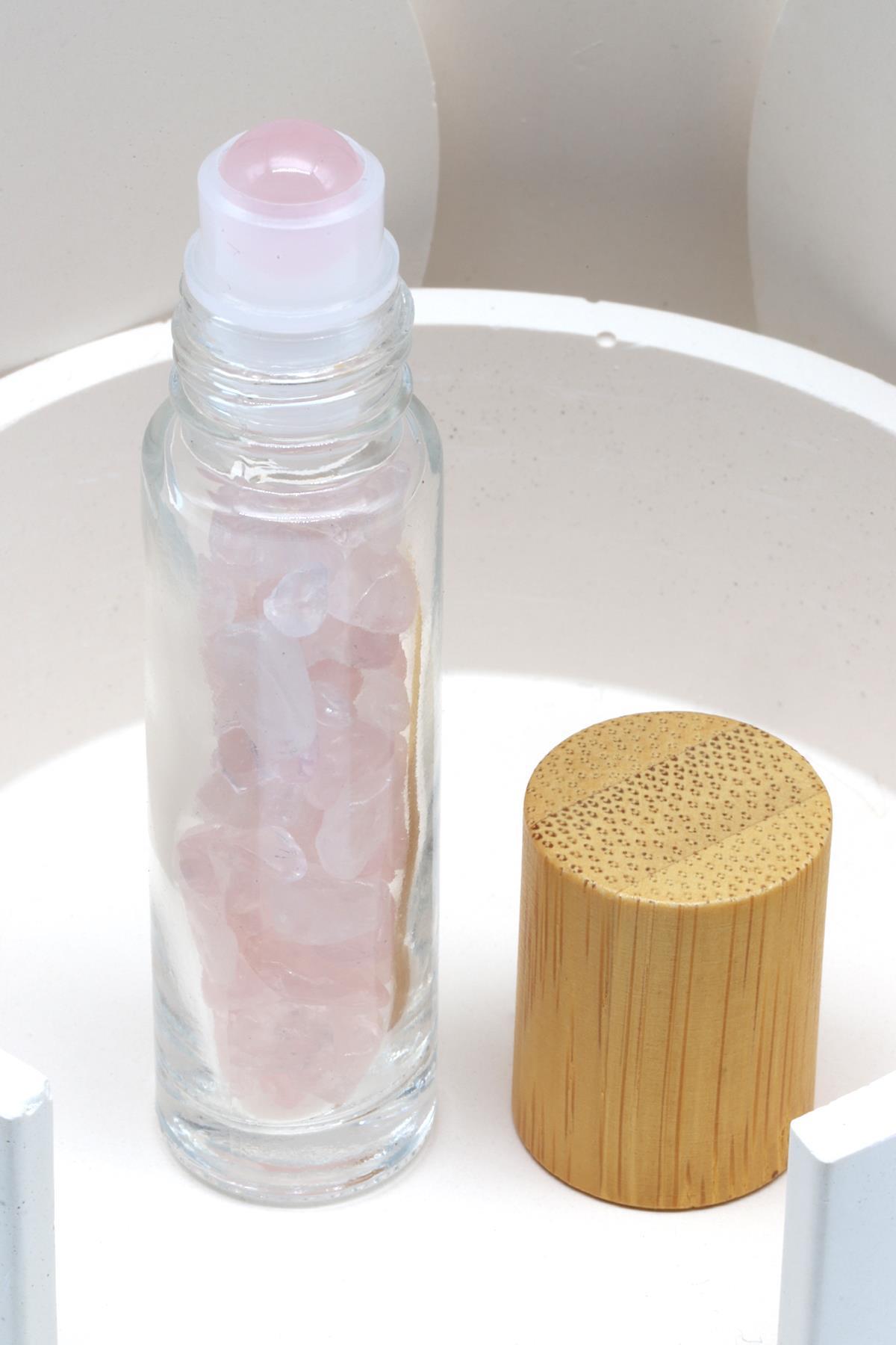 Pembe Kuvars Doğal Taşlı Bambu Kapaklı Doldurulabilir Esans ve Yağ Şişesi