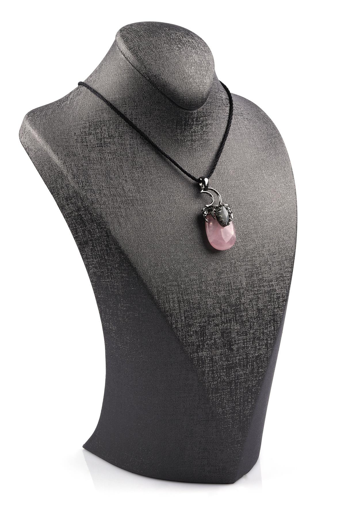 Pembe Kuvars - Labradorit Doğal Taş Siyah İpli Kolye