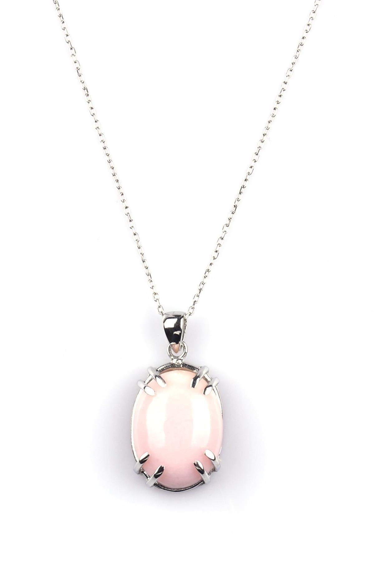 Pembe Opal Doğal Taş 925 Ayar Gümüş Kolye