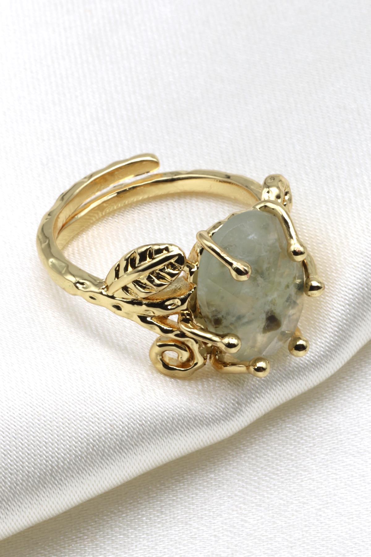 Prehnite Doğal Taş Ayarlanabilir Gold Renk Yüzük