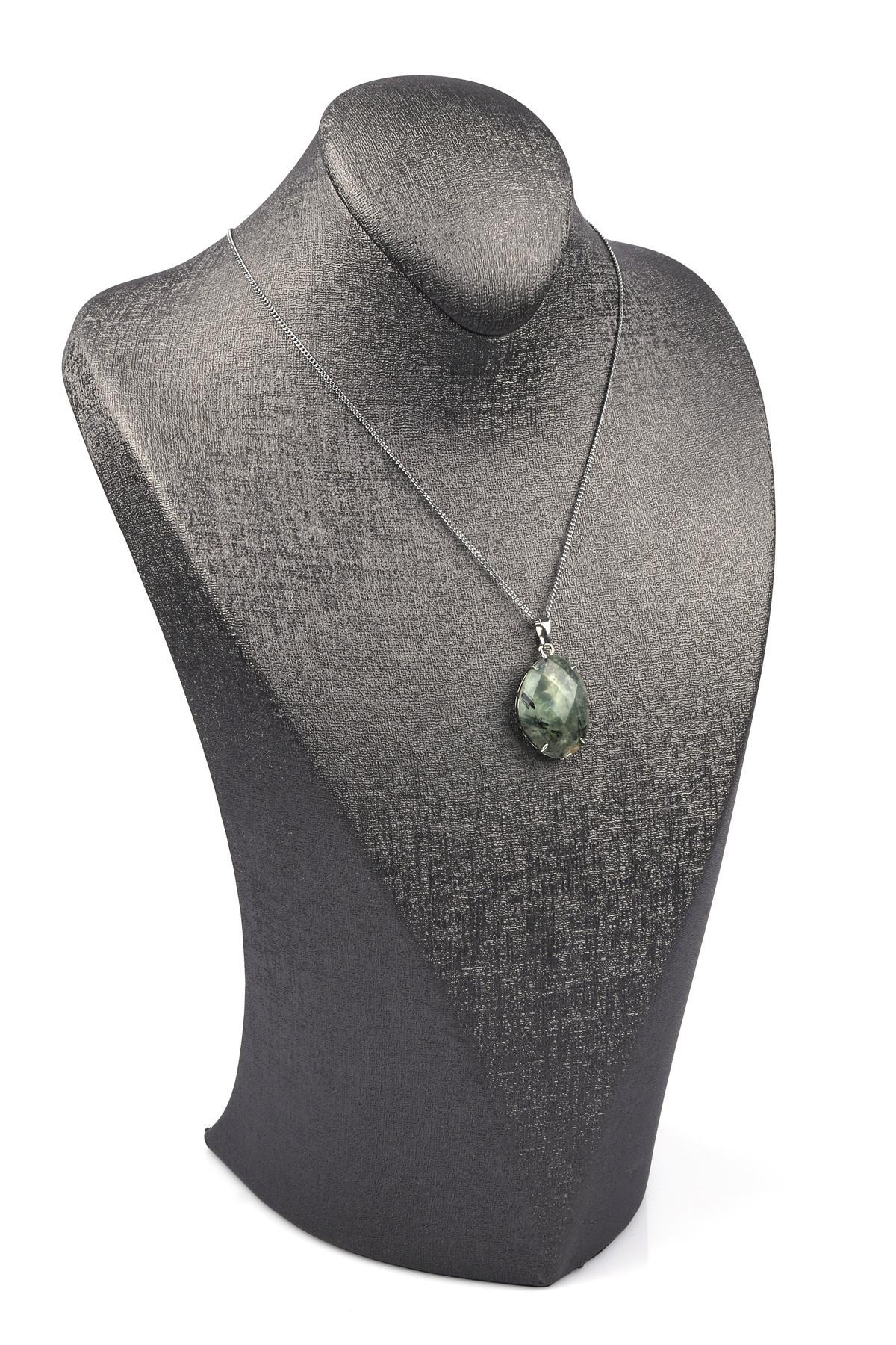 Prehnite Doğal Taş Gümüş Renkli Kolye