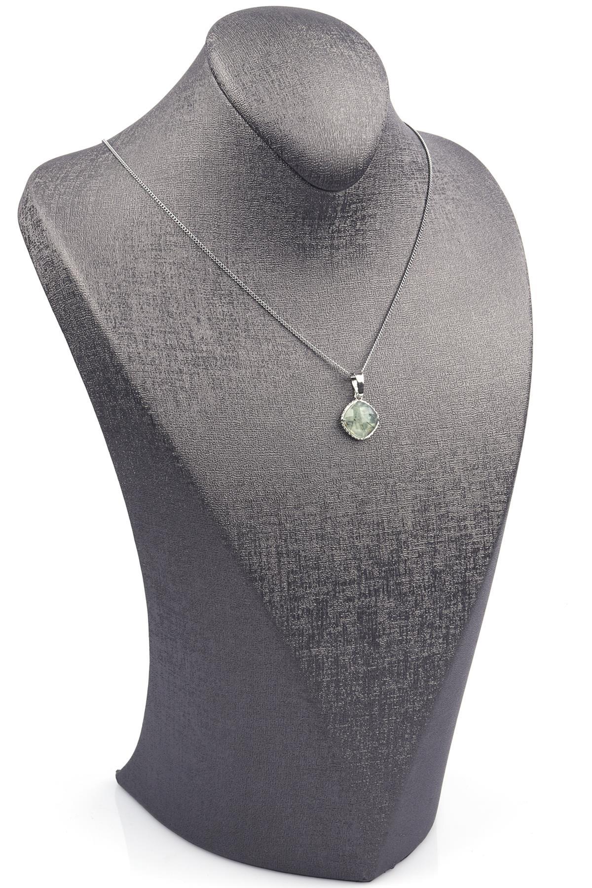 Prehnite Doğal Taş Gümüş Renkli Kolye