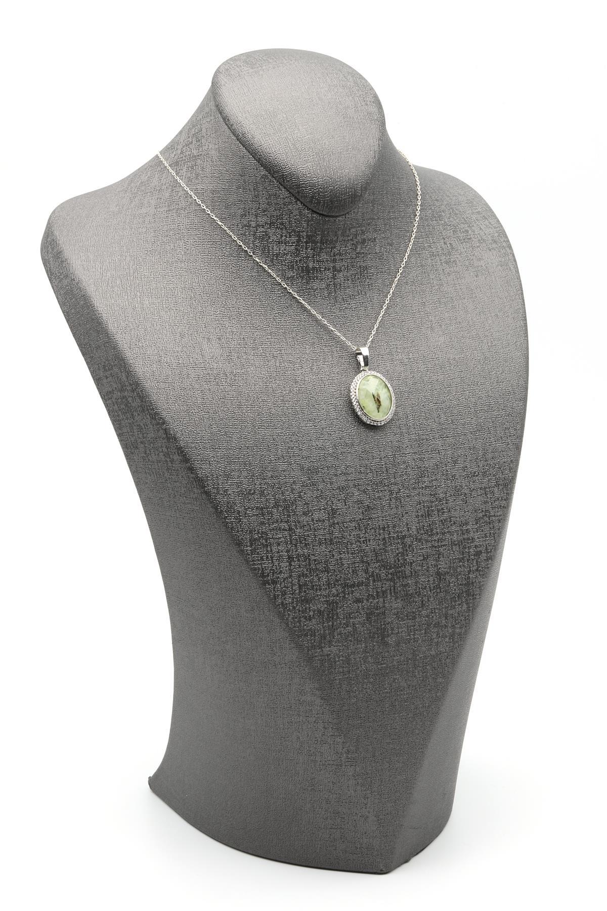 Prehnite Doğal Taş Gümüş Renkli Kolye