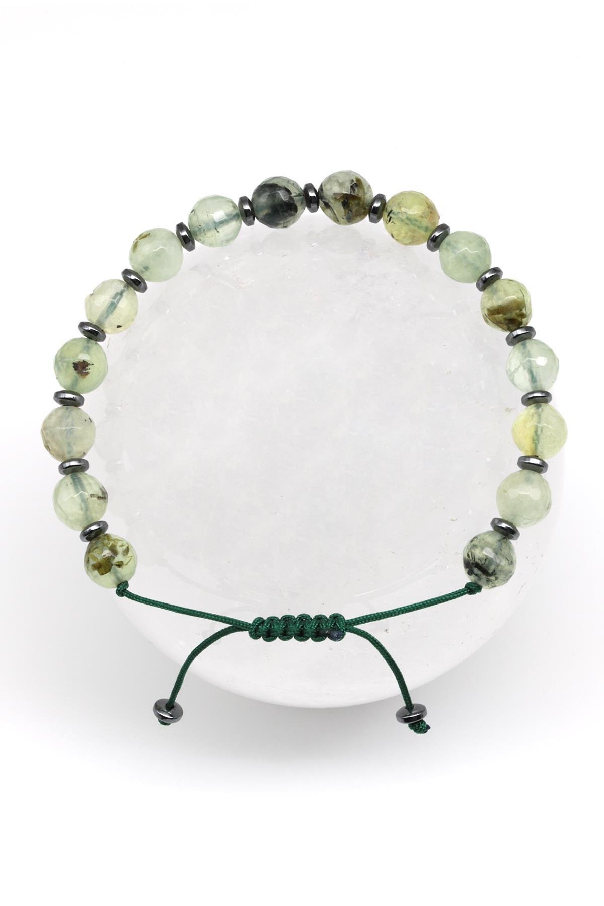 Prehnite Doğal Taş Makrome Örme Bileklik Fasetli Küre Kesim