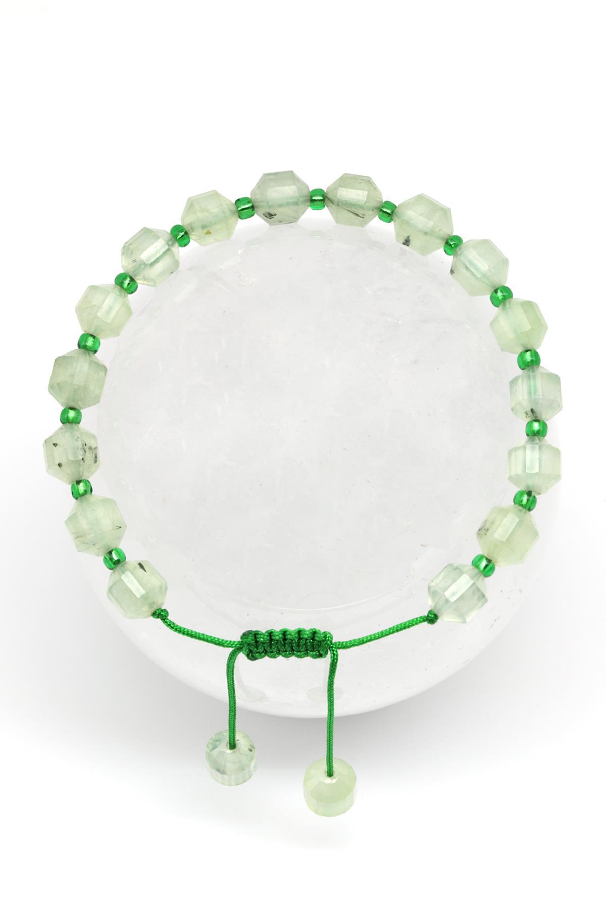Prehnite Doğal Taş Makrome Örme Bileklik Hexagonel Kesim
