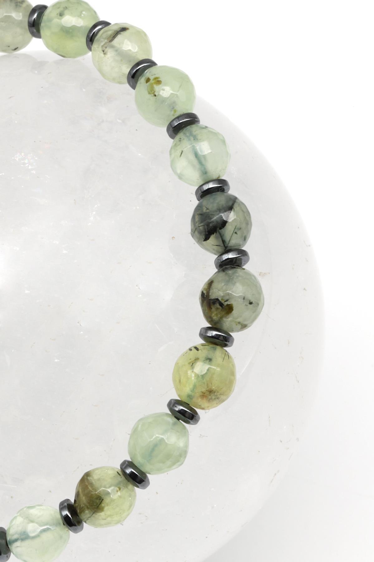 Prehnite Doğal Taş Makrome Örme Bileklik Fasetli Küre Kesim