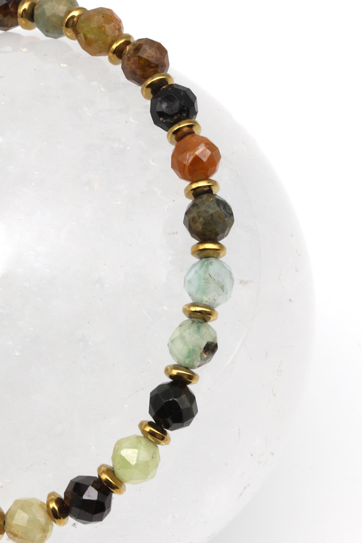 Prehnite - Yeşil Garnet Doğal Taş Makrome Örme Bileklik Fasetli Küre Kesim